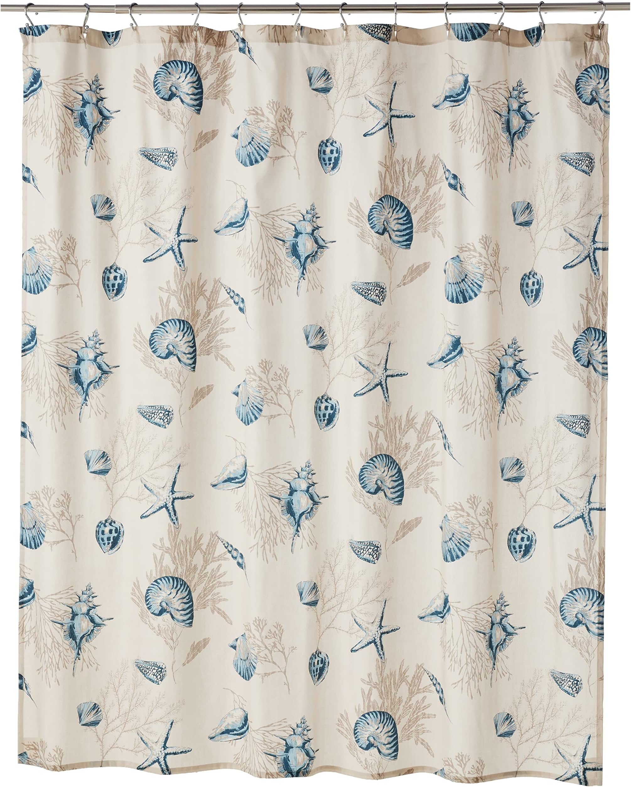 Bayside Print Cotton Fabric Long Shower Curtain, Coastal Shower Curtains for Bathroom, 72 X 72, Blue