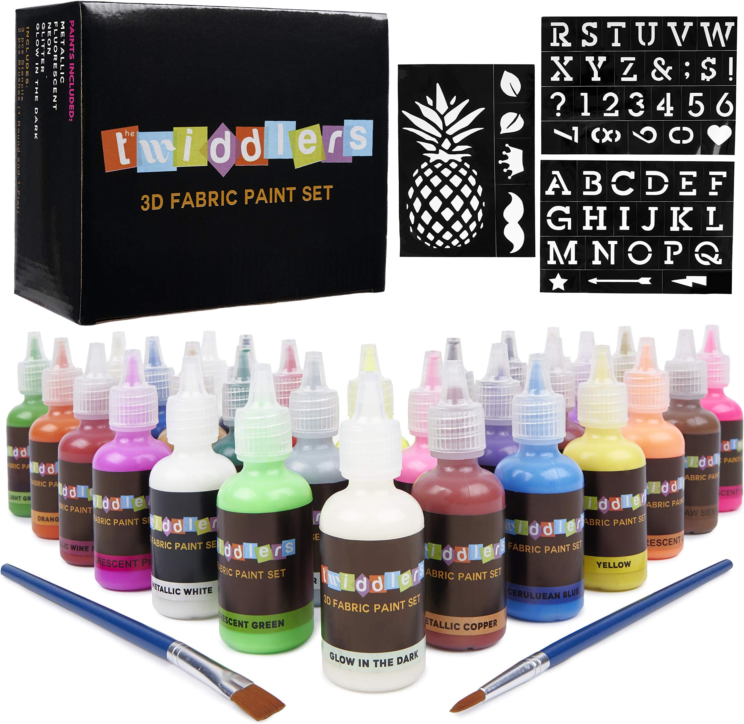 THE TWIDDLERS - 30 Bottle of 3D Fabric Paints - Includes Neon & Glow in The Dark