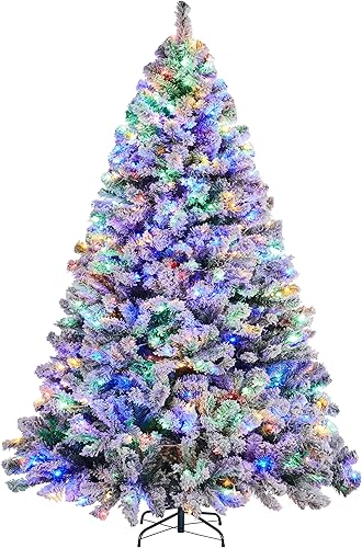 Yaheetech Árbol de Navidad artificial de abeto preiluminado de 6 pies con bisagras flocadas de nieve con 250 luces LED multicolor y 820 puntas de