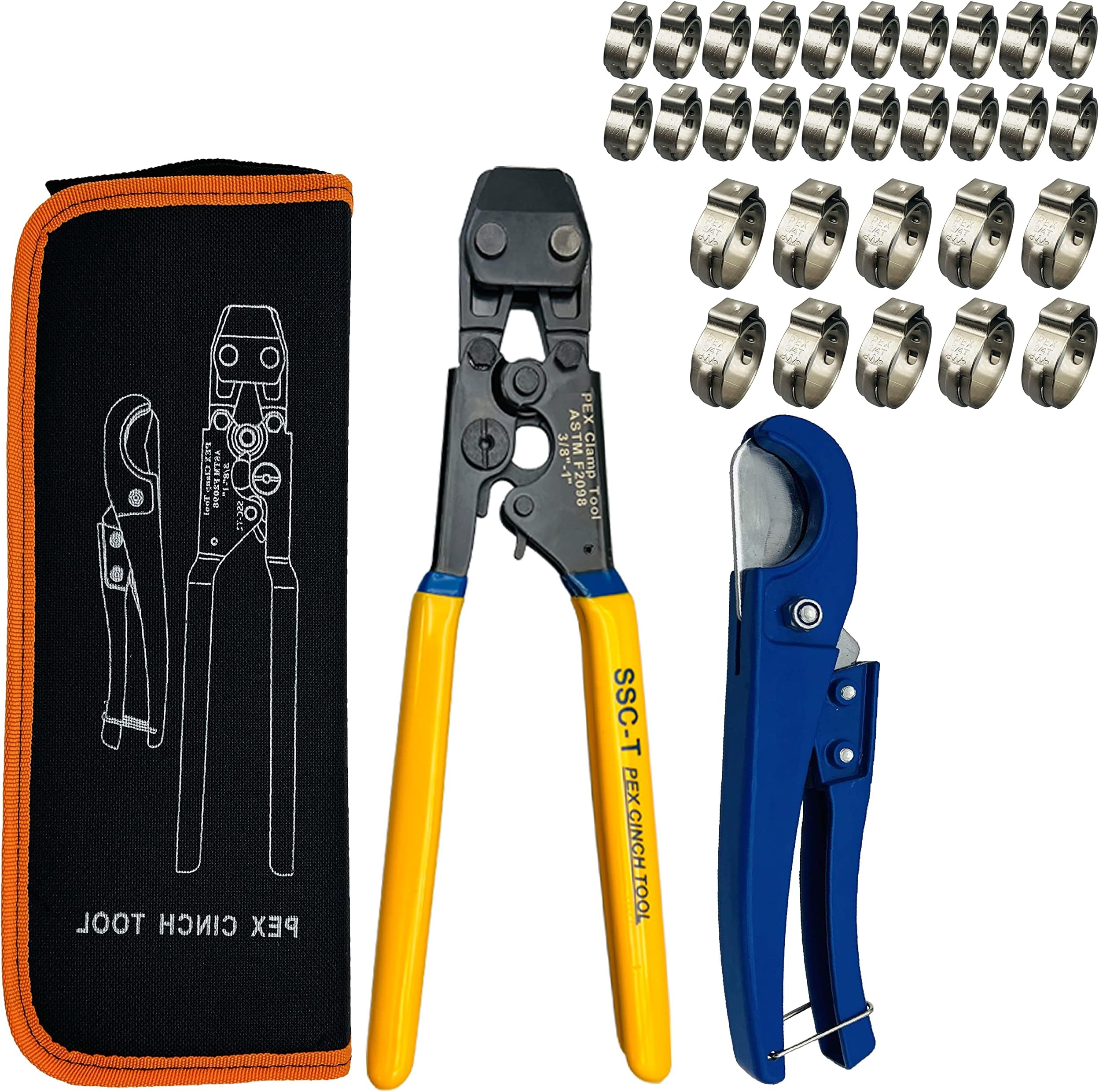 PEX Pipe Clamp Cinch Tool Crimping Tool Crimper for Stainless Steel Clamps from 3/8-inch to 1-inch with 1/2-inch 20PCS and 3/4-inch 10PCS SS PEX Clamps,with Pipe Cutter (CH-T-2N)