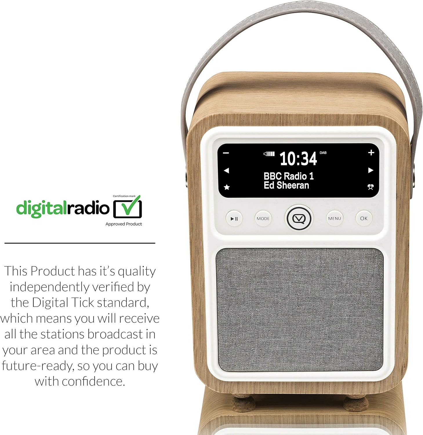 VQ Monty HD Digital Radio displaying Bluetooth connection, with a smartphone showing music streaming apps.
