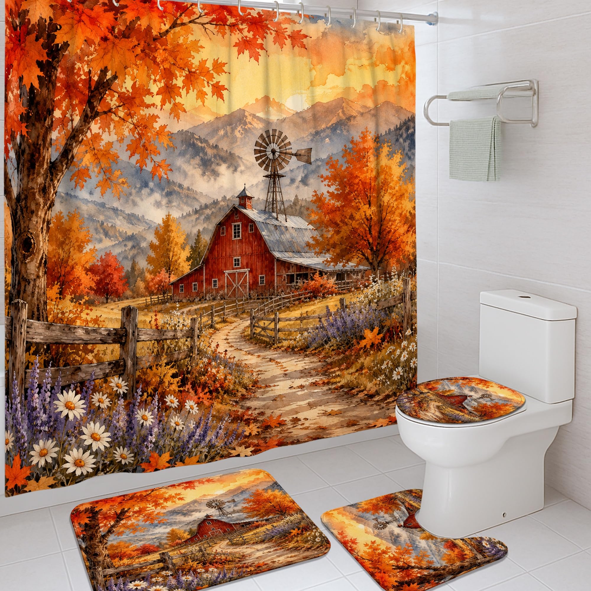 Rideaux de douche rustiques orange avec tapis de salle de bain en tissu 183x183