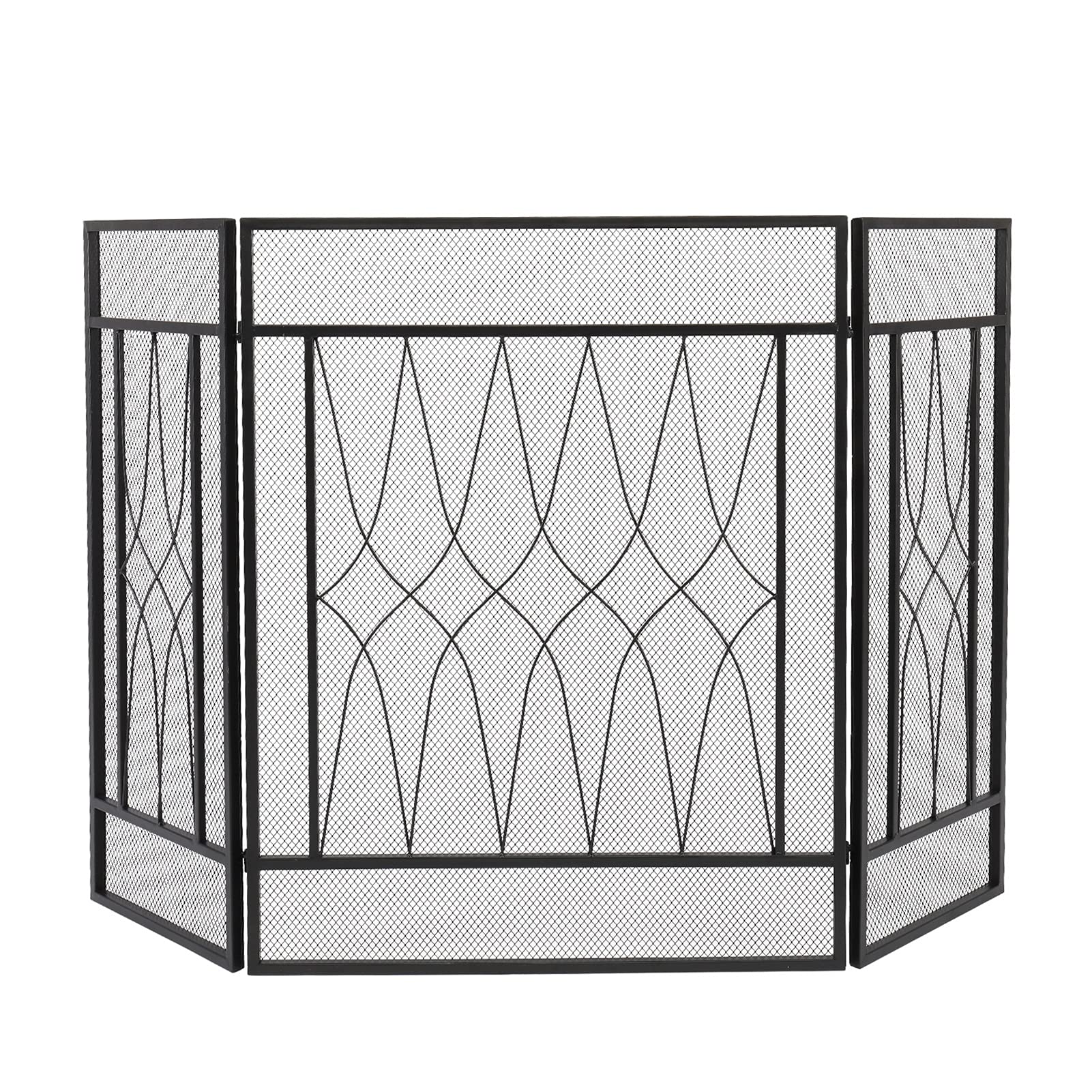 Schermi per Caminetti di Guardia Schermo Camino Square Tri-Piega Curve Rhombus Iron Decorativo 128x81x1cm Accessori per Caminetti in Rete Decorativa (Color : Black, Size : 128x81x1CM)