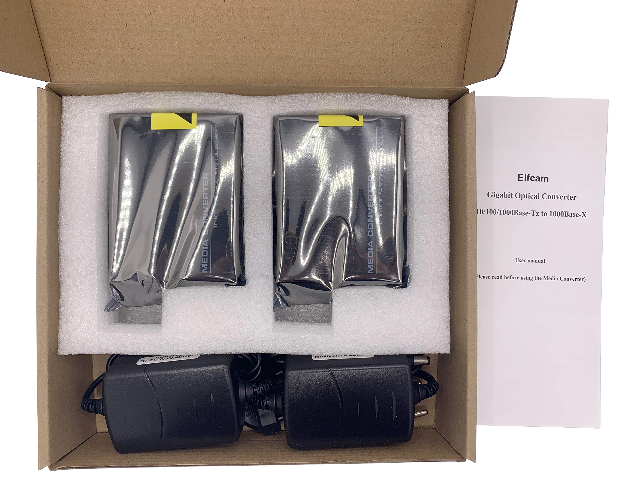 Elfcam® - Lot de 2 Convertisseurs Fibre Ethernet Gigabit avec Modules SFP Inclus, 2 Ports RJ45 par Convertisseur, Fibre Optique SC Monomode, Transmission jusqu'à 20 km, 10/100/1000 Mbps