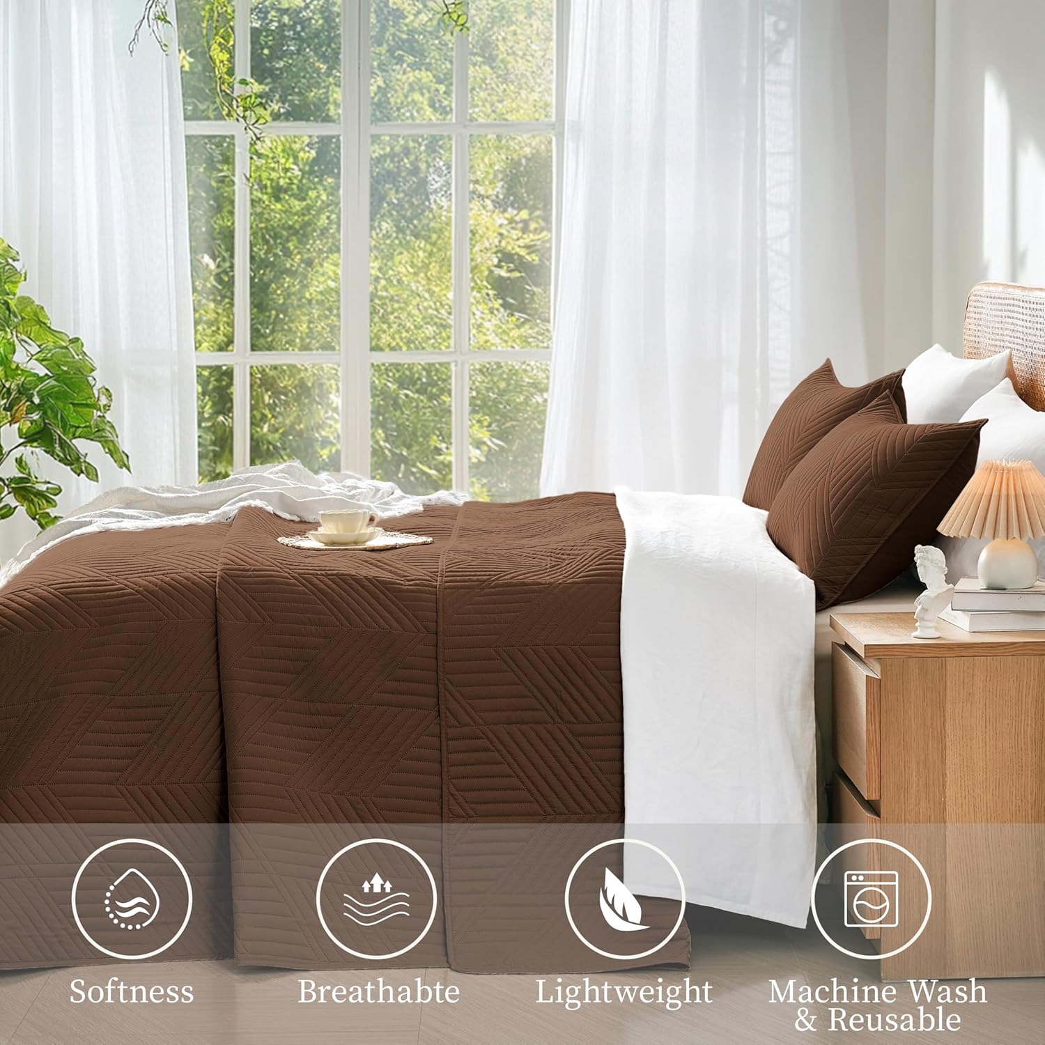 King/Cal King Quilt Set in Brown, Soft Reversible Microfiber Bedspread for All-Season Use in Bedroom or Dorm, Lightweight Modern Geometric Coverlet (1 Quilt, 2 Pillow Shams) - Image 4