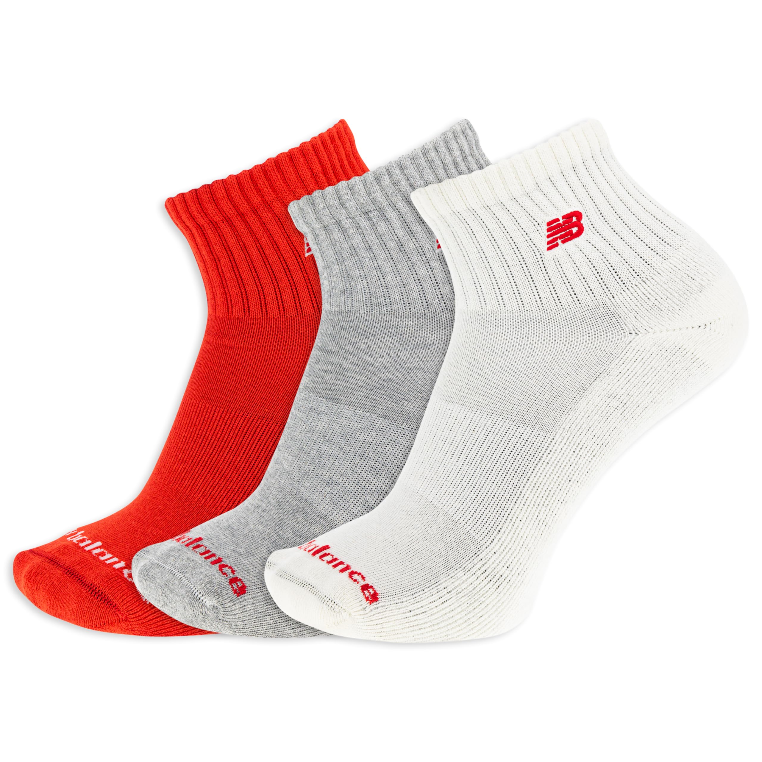 New Balance Patch Logo Ankle Socks-3 Pairs-Cushioned Moisture Wicking, Red Assorted, Large