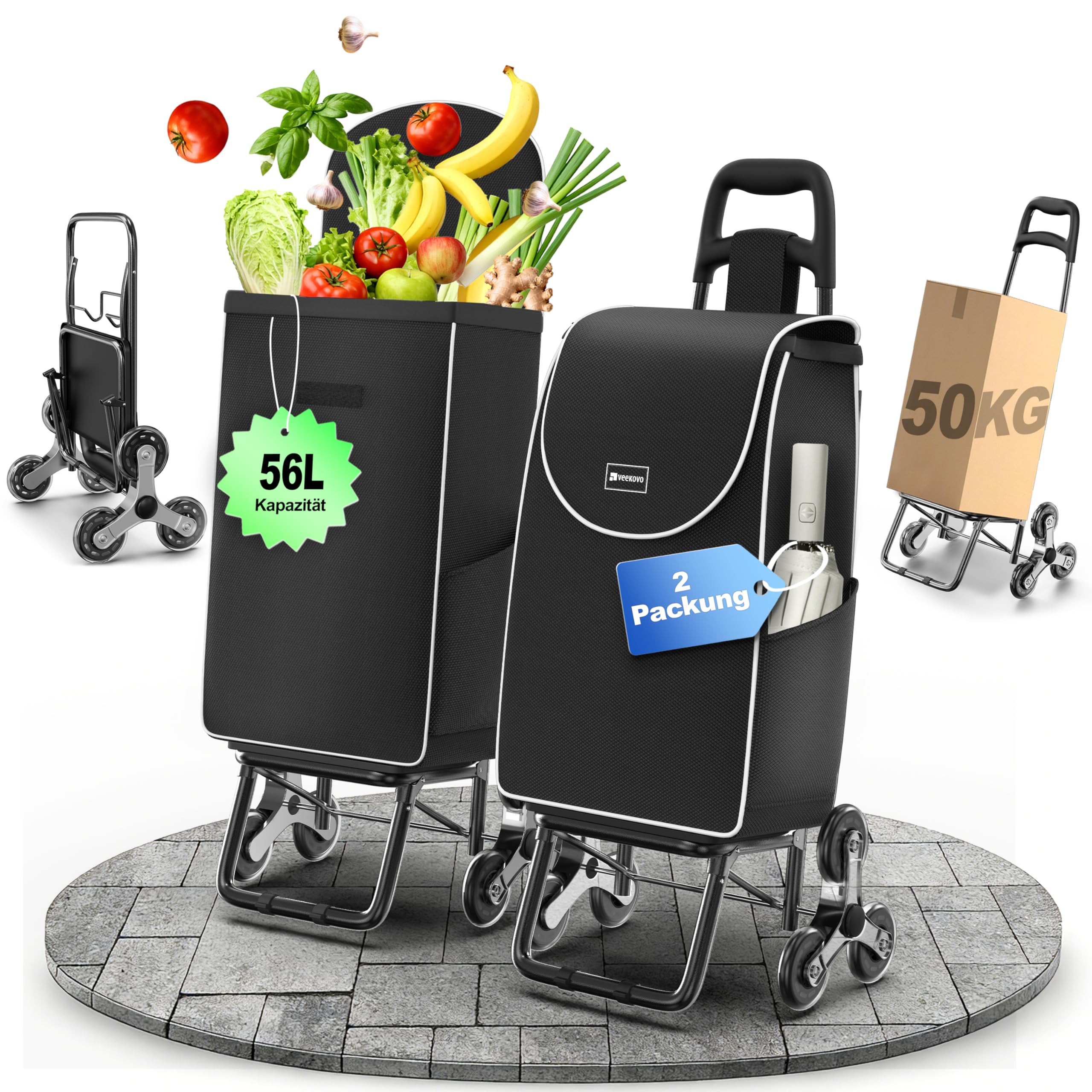 Einkaufswagen Klappbar 56L, Einkaufstrolley Treppensteiger, Trolly Einkaufswagen Klappbar, Hackenporsche mit 6 Räder, Wasserdicht, Bis 50 kg Traglast, faltbar & abnehmbar (Schwarz, 2 Stück)