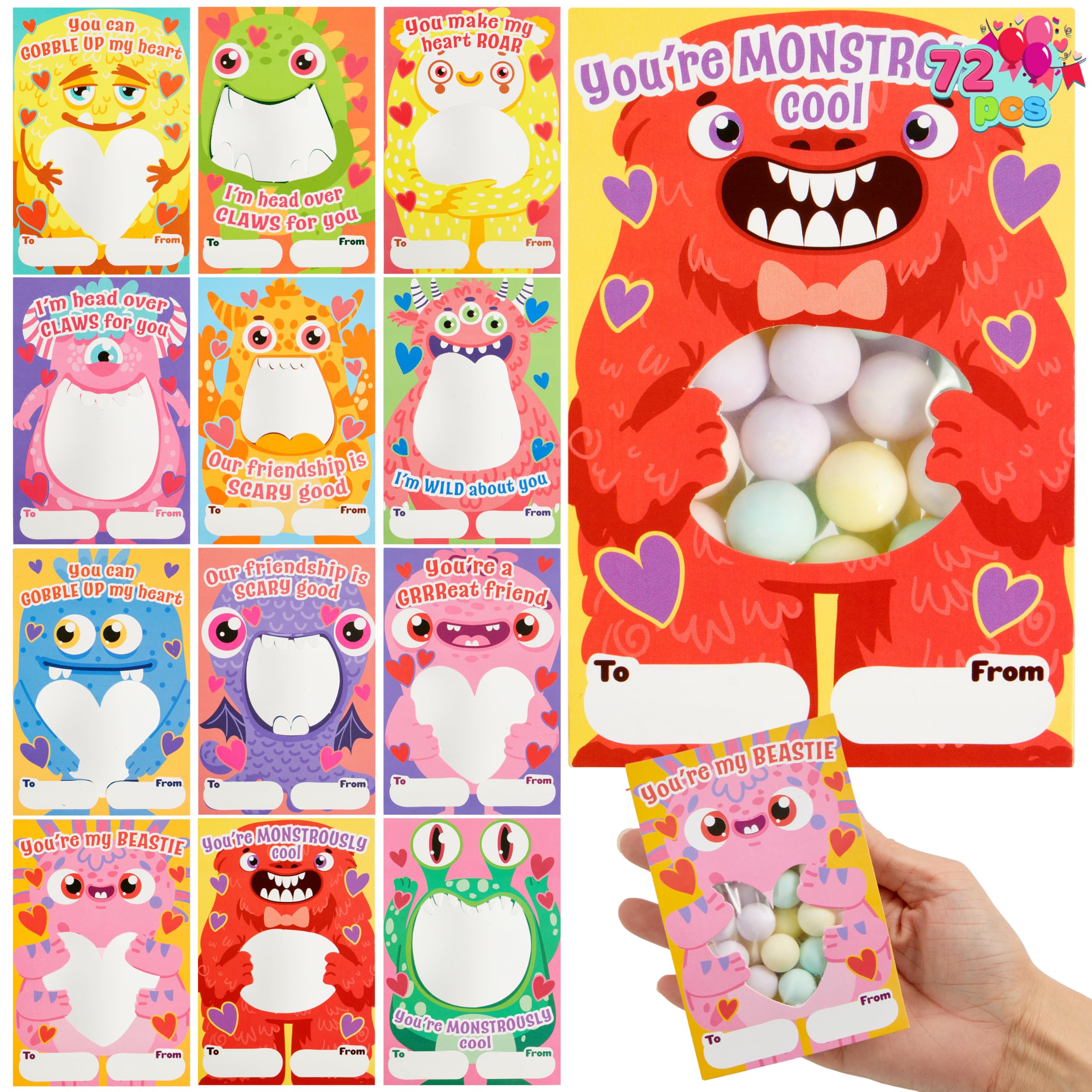 JOYIN 72 tarjetas de regalo para el día de San Valentín con diseños de monstruos con bolsas, tarjetas de felicitación huecas de San Valentín, tarjetas de dulces para niños, tarjetas de intercambio de