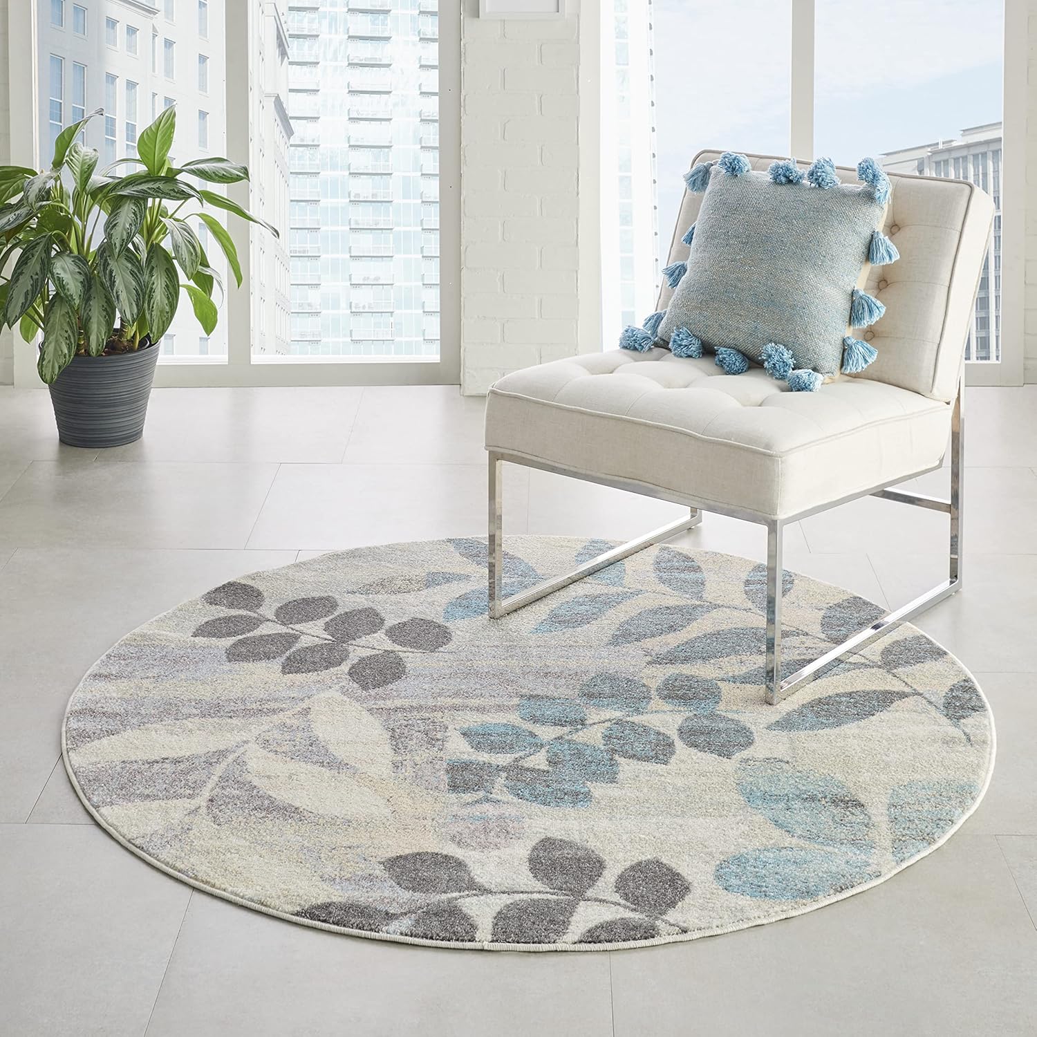Nourison Home Tranquil Ivory/Light Blue 7’10” x Round Area Rug - Easy Clean, Non Shedding, Bed Room, Living Room, Dining Room, Kitchen (8' x Round)
