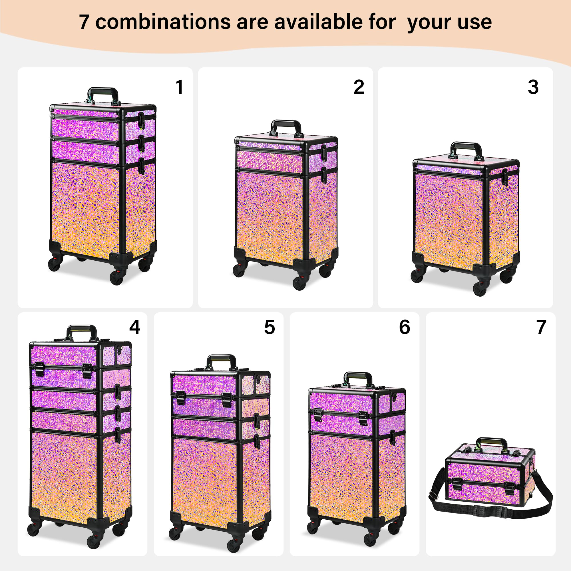 GALHUBIS Rolling Makeup Case, Makeup Train Case with Lid, 5 in 1 Cosmetology Case on Wheels, Christmas Gift, Large Makeup Case Organizers, Profesional Cosmetic Case for Salon Barber,Black Colorful