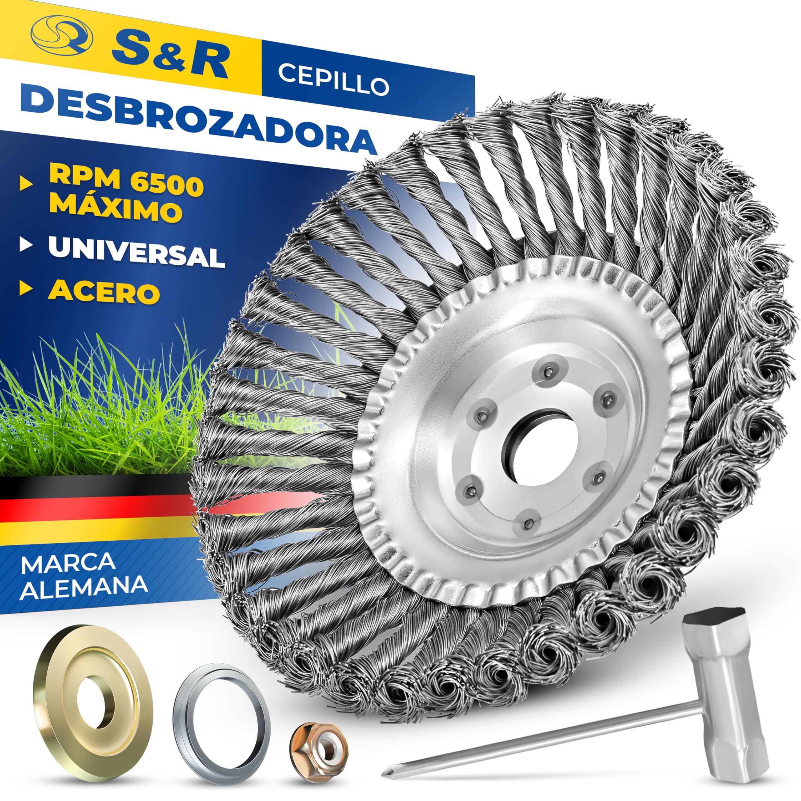 S&R Cepillo para Desbrazadora Cabezal Desbrozadora Cepillo Alambre Universal Acero PREMIUM 200 mm. Cepillo Mala Hierbas Musgo Cabezal de desbrozadora.