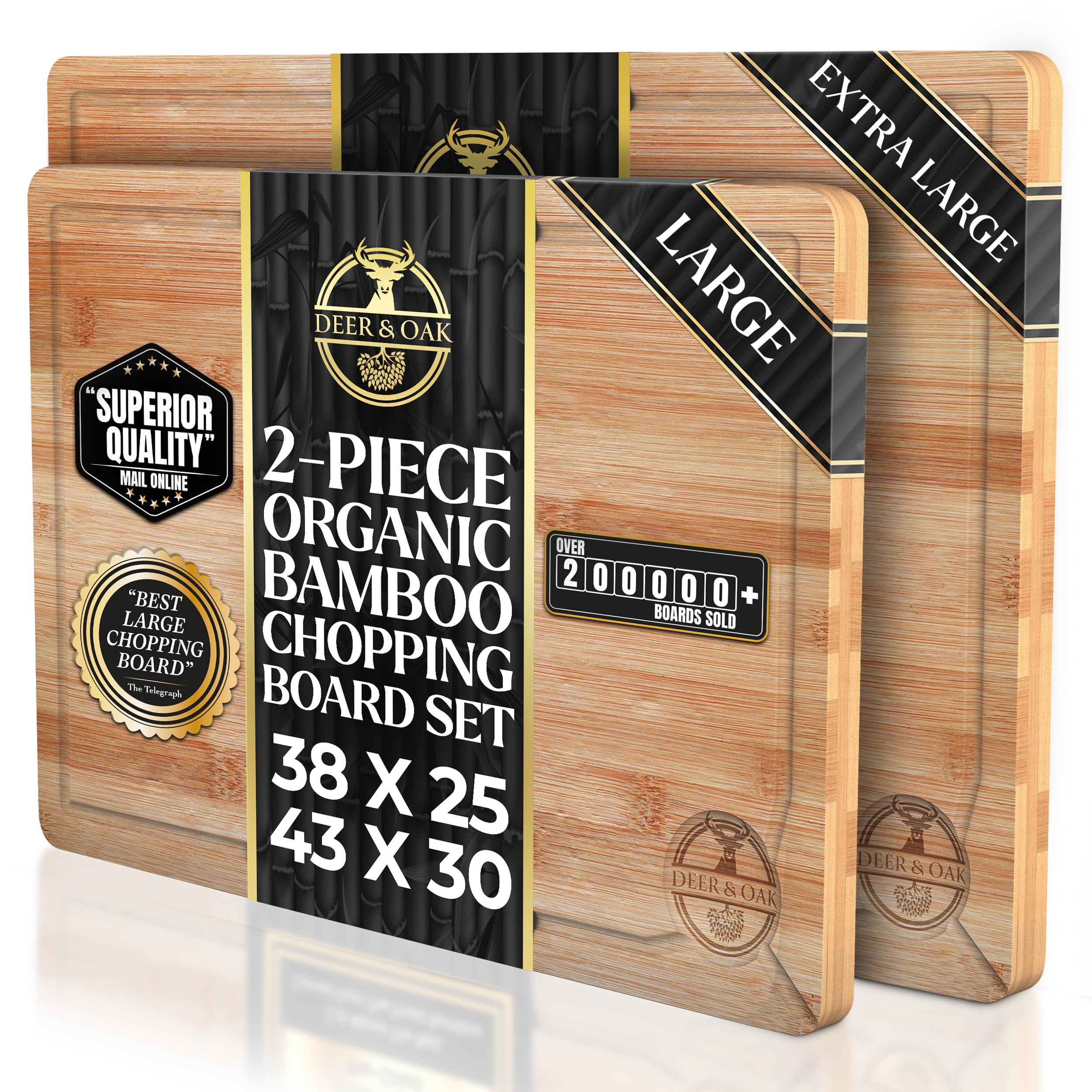Deer & Oak Wooden Chopping Board Set - 1x Large 38 x 25 x 2cm & 1x XL 43 x 30 x 2cm, Pre Oiled Bamboo Cutting Board Set for Carving Meat, Fish, Vegetables, Chopping Boards for Kitchens
