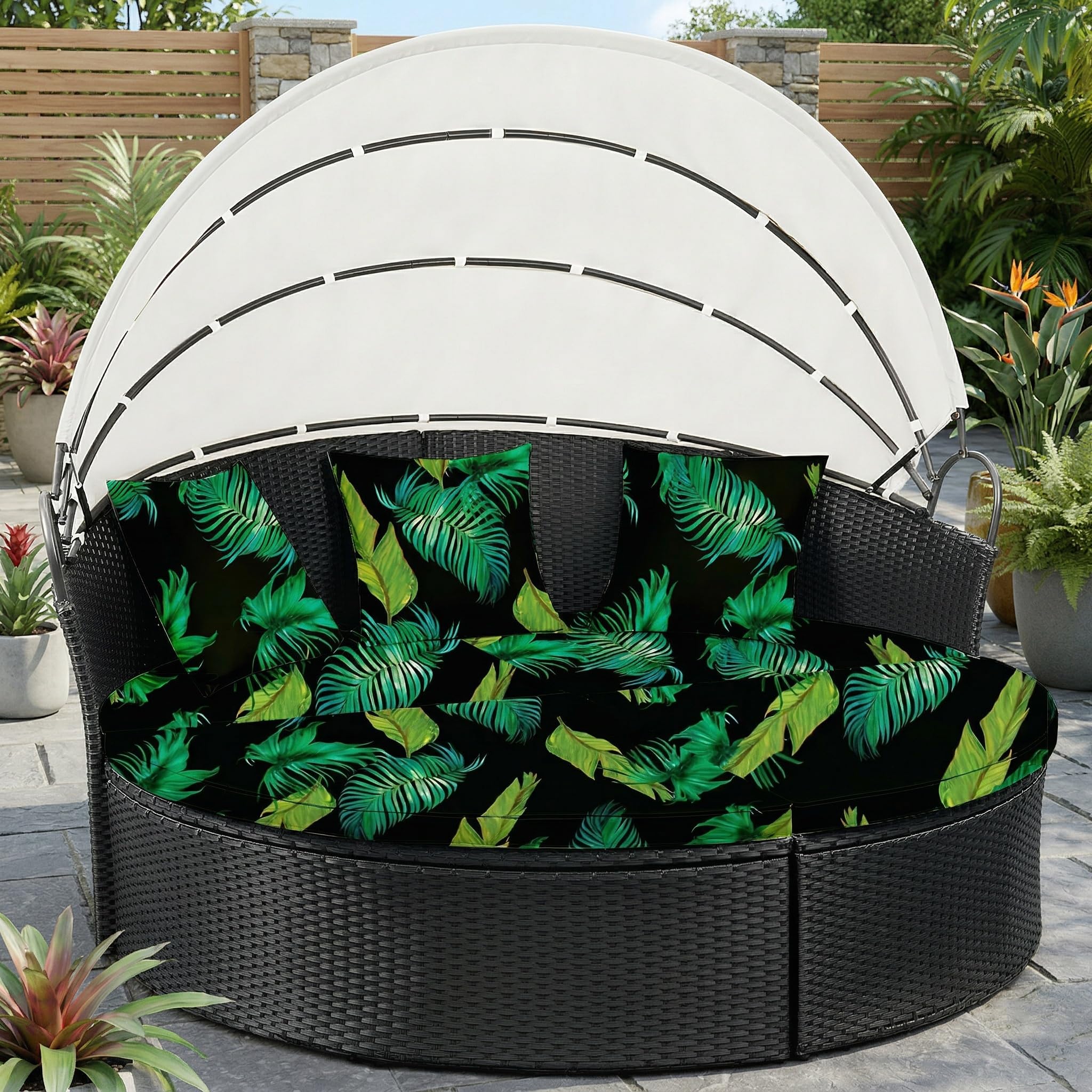 LiveGo Outdoor Daybed Cushion Cover, 66" Replacement Daybed Cover with Elastic Band, Sun Bed Cushion Cover, Outdoor Round Bed Cushion Covers (Summer, 1 Round Cover + 3 Pillow Covers) — image 1
