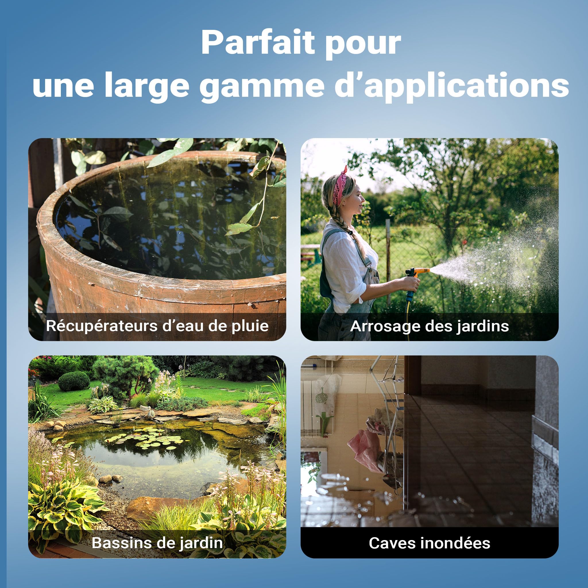 Wiltec Pompe à eau immergée 1200 W – 6000 l/h – Refoulement max. 40 m, profondeur max. 7 m – Détecteur anti-marche à sec, Interrupteur à flotteur, Thermorégulateur – Pompe submersible