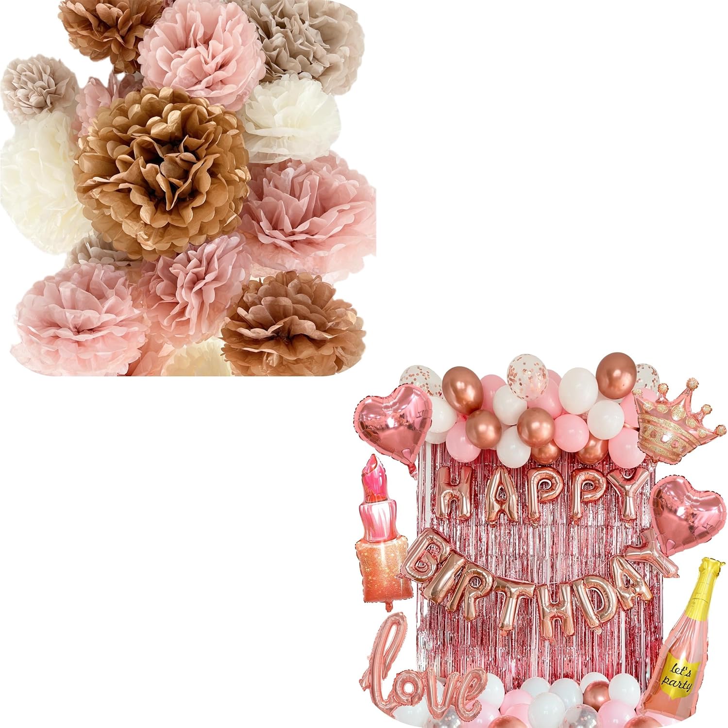 Vidal Crafts 20 Pcs Party Tissue Paper Pom Poms Set Bundle with Rose Gold Birthday Party Decorations Kit