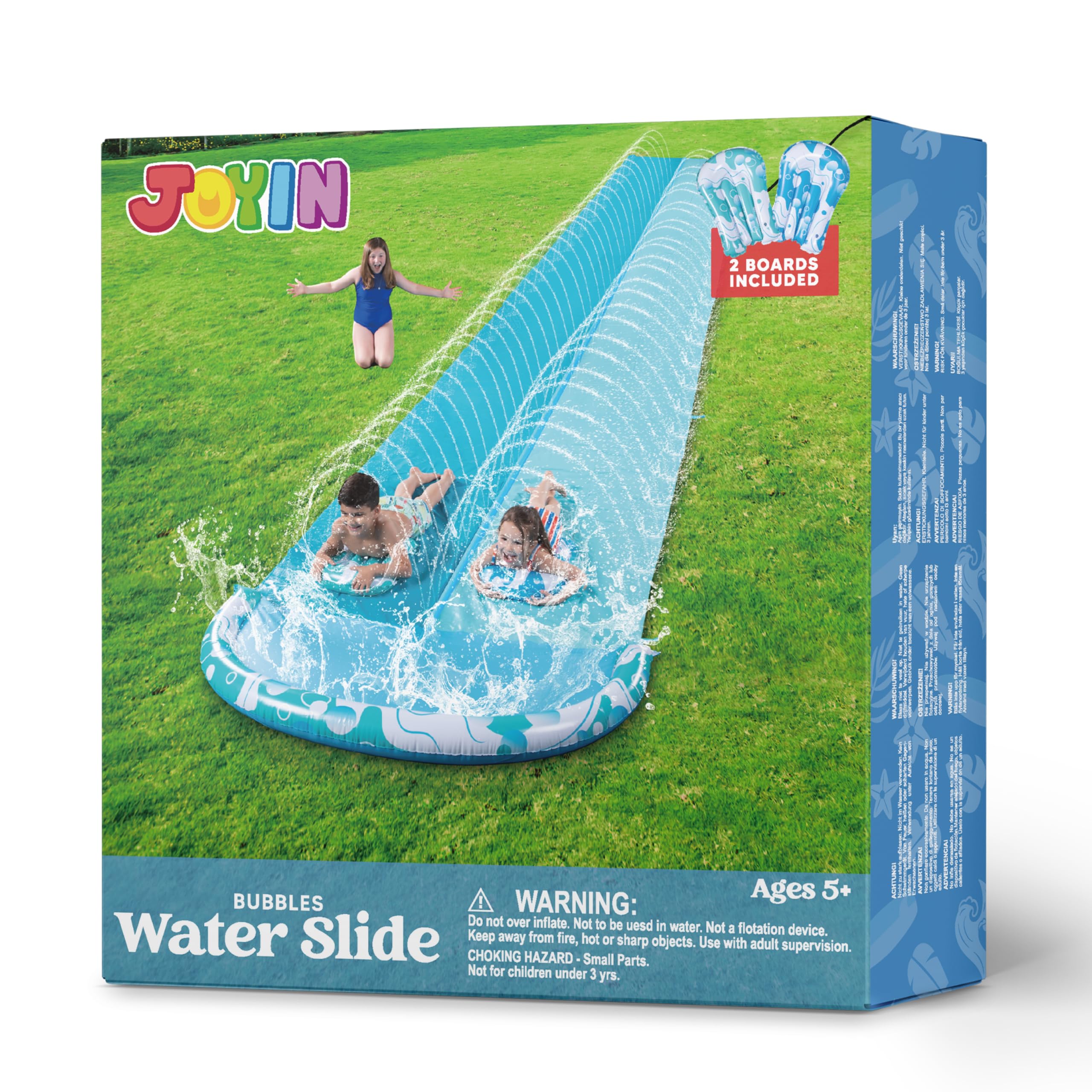 JOYIN Tobogán de Agua de 22,5 pies/685.8cm con 2 Tablas deslizantes, tobogán de césped de Verano con rociador Incorporado, Juguete acuático para niños al Aire Libre, Azul, Azul Claro