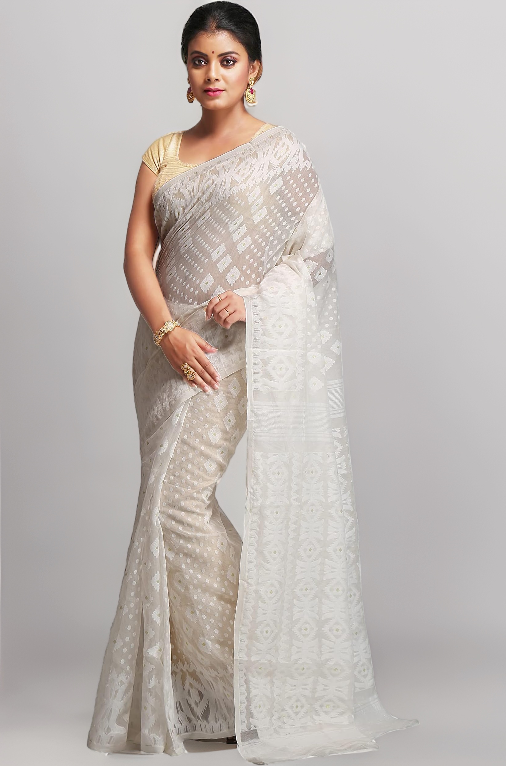 BENGAL HANDLOOM Exclusive Women's Cotton Silk Dhakai Allover Soft Jamdani Saree