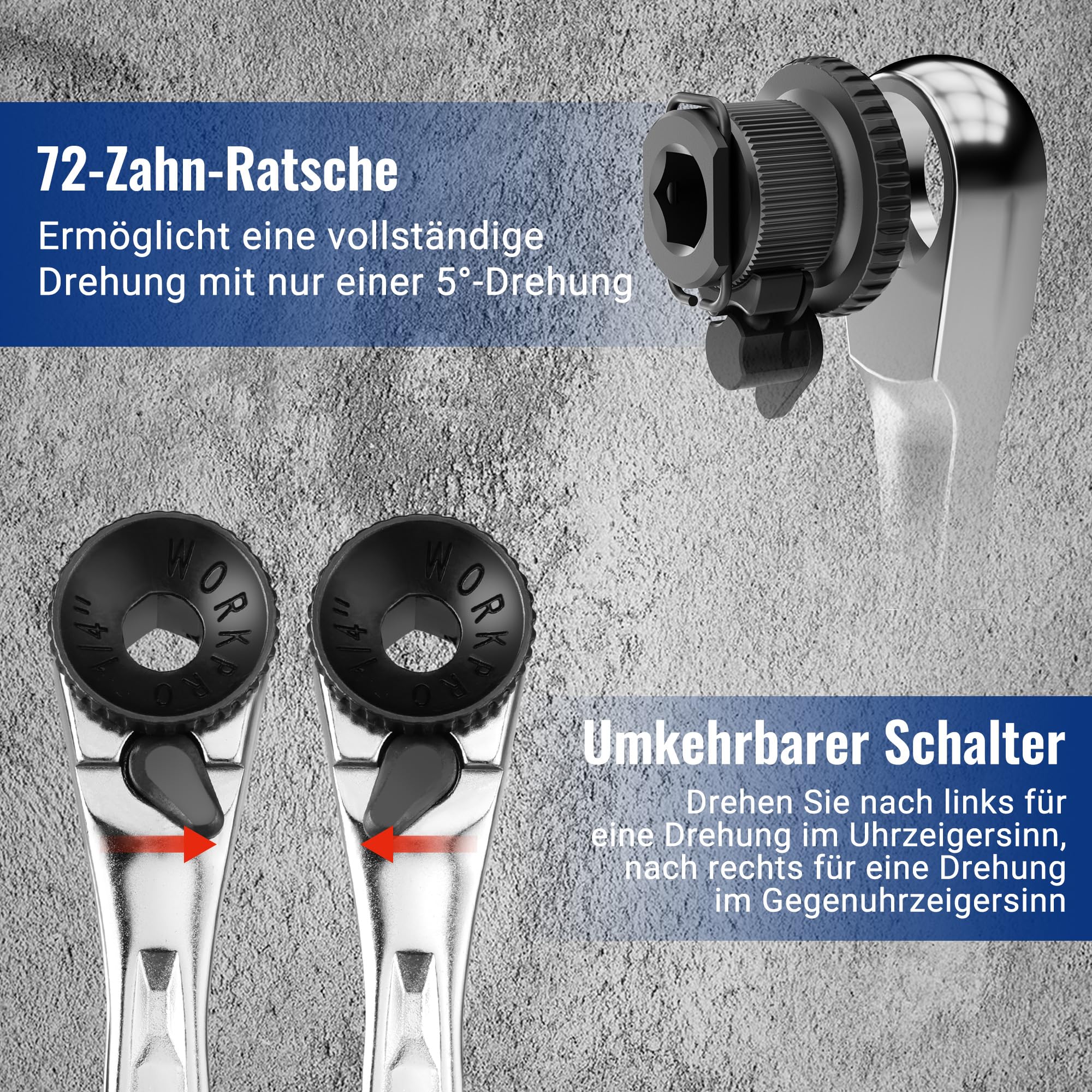 WORKPRO Mini-Ratschen-Set, 1/4" Umschaltknarre, 72-Zahn Ratschengriff, Ratschenschlüsselsatz, mit 20 Zubehörteilen, für die Routinewartung