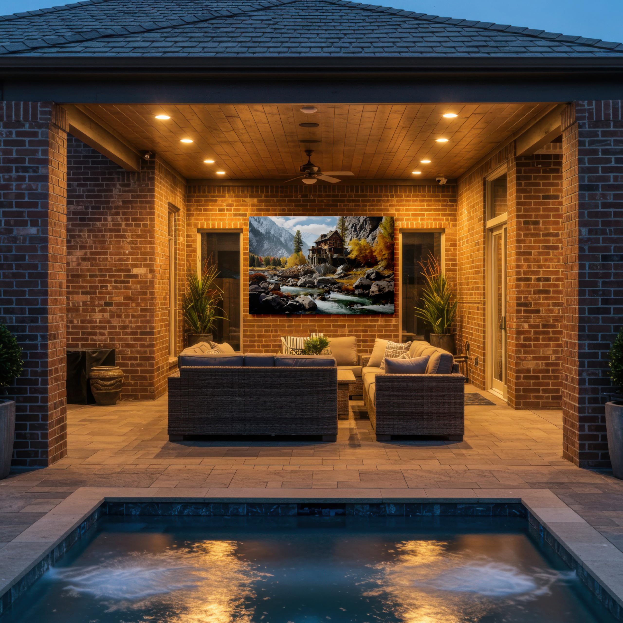 Art Wall: Rustic Cabin Amidst Autumn's Fiery Palette, a Serene Wilderness Retreat. Interior Decor, Canvas Art Design, Arts Wall Decoration, Office Arts Design, Size: 69x46 cm (27x18 inch)