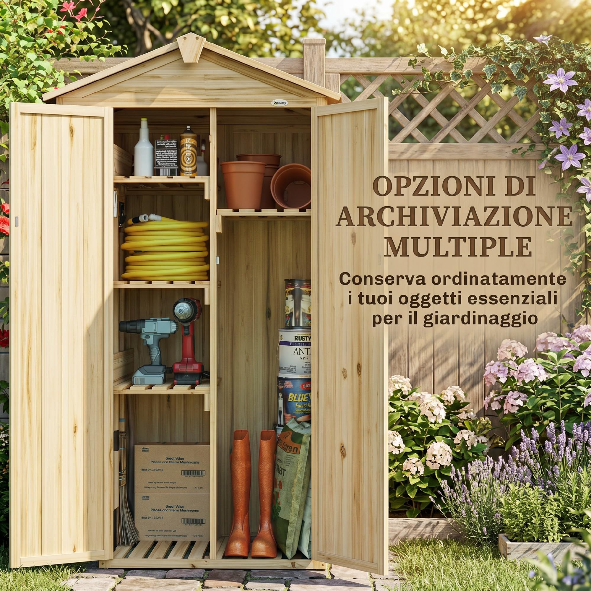 Outsunny Armadio da Giardino in Legno con 3 Porte e 4 Ripiani, Casetta Porta Attrezzi da Esterno, 93x53x168 cm