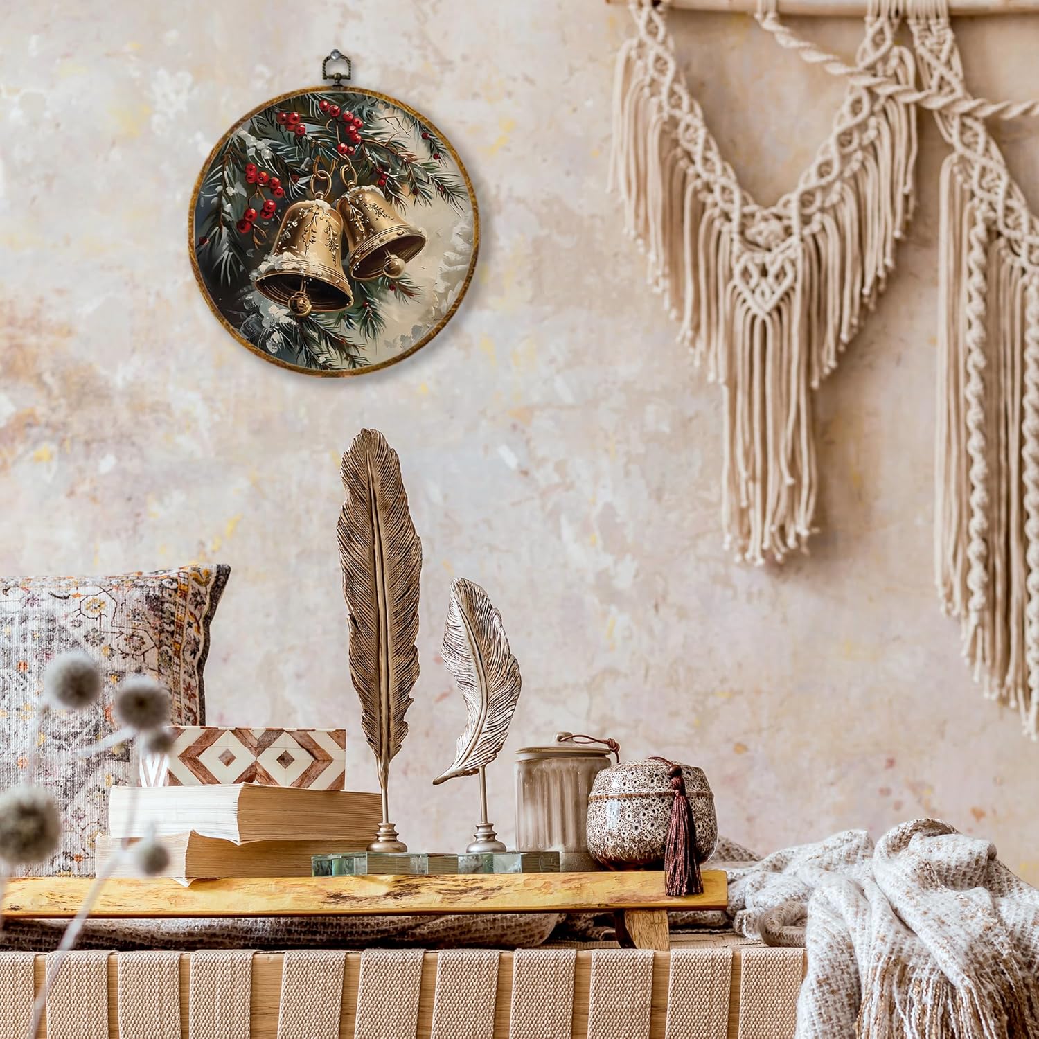 shiviody rustic christmas tree canvas wall art decor, farmhouse winter christmas xmas tree bell round hanging frame prints decorations for home bedroom living room 10"x10" winter 04