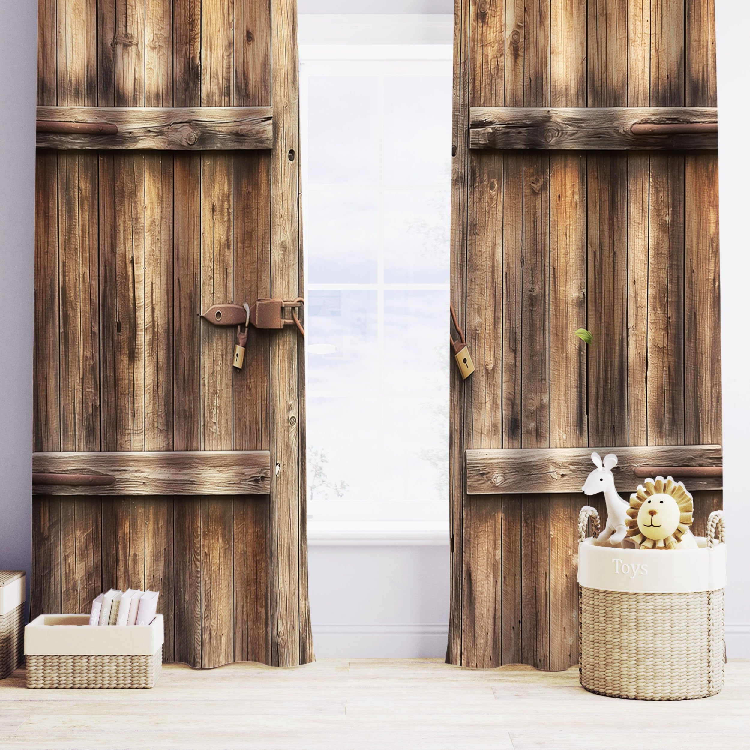 Rideaux Occultants Thermiques à Oeillets Vieille porte de grange en bois - Isolants Anti Froid et Chaleur, Anti-UV, 183 x 214cm Style ferme de campagne - Pour Porte, Chambre, Cuisine, Dressing