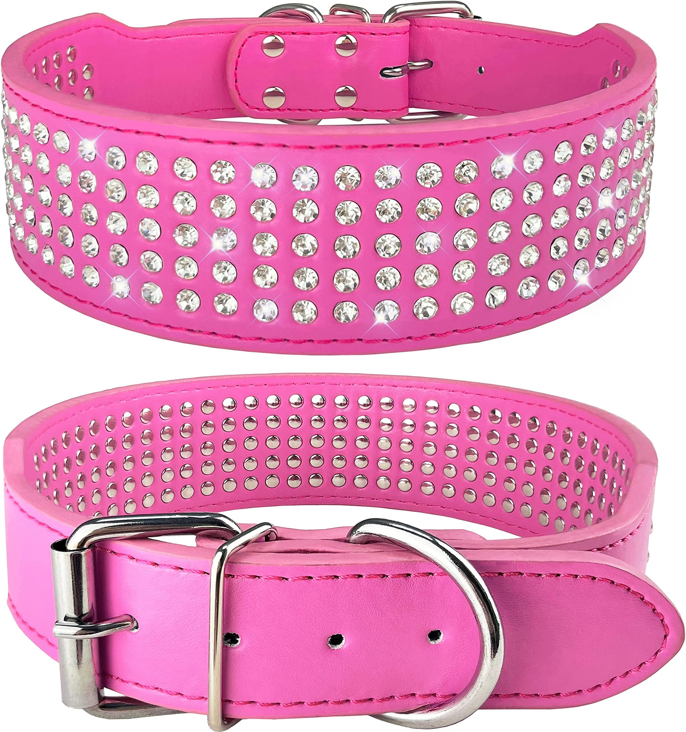 TEEMERRYCA 5 Rows Full Sparkly Rhinestone Dog Collars 2 Inch Wide Stylish Blingy Shiny Crystal Studded PU Leather Pet Collar for Medium Large Breeds,17"-20",Hot Pink