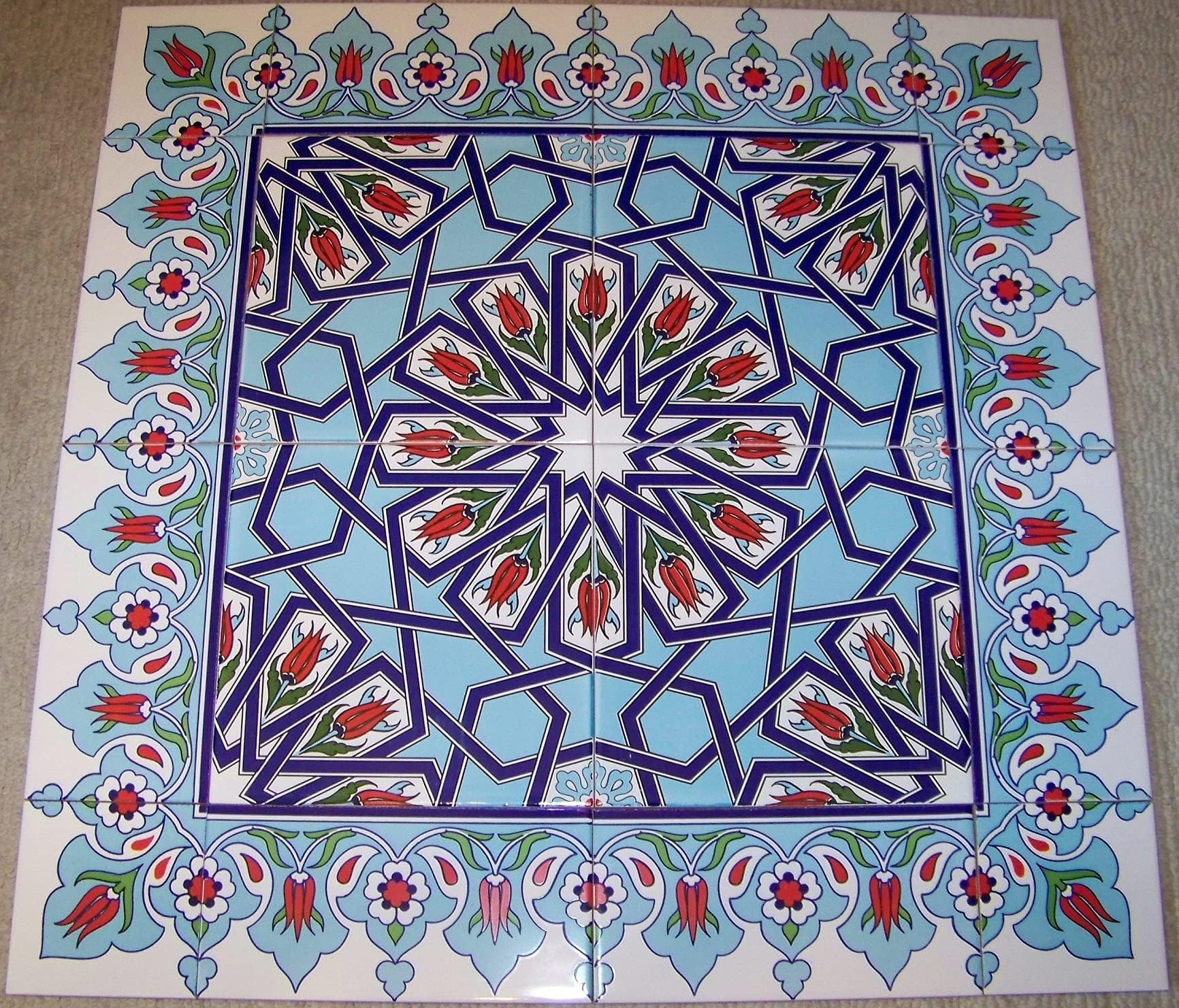 Turkish Iznik Tulip & Floral Pattern Ceramic Tile Mural Panel 24"x24"