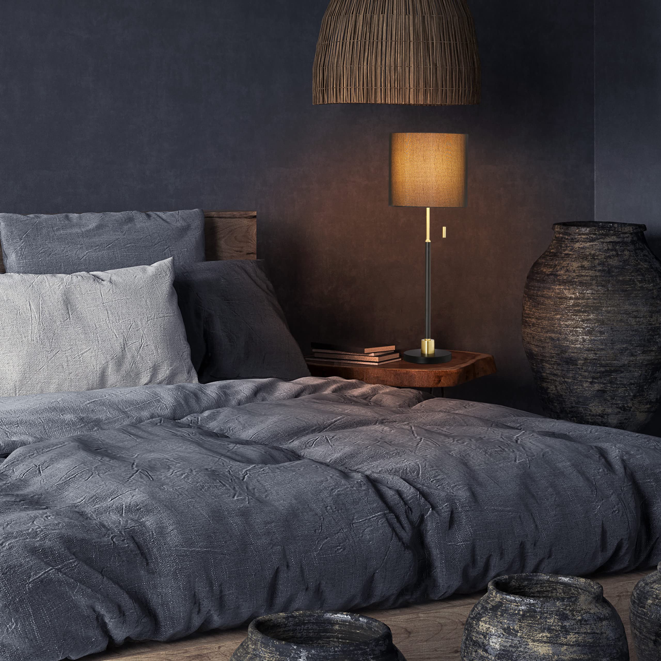 Relaxdays Tischlampe mit Zugschalter, elegante Nachttischlampe mit Stoffschirm, E27 Fassung, HD 69 x 24 cm, schwarz-gold