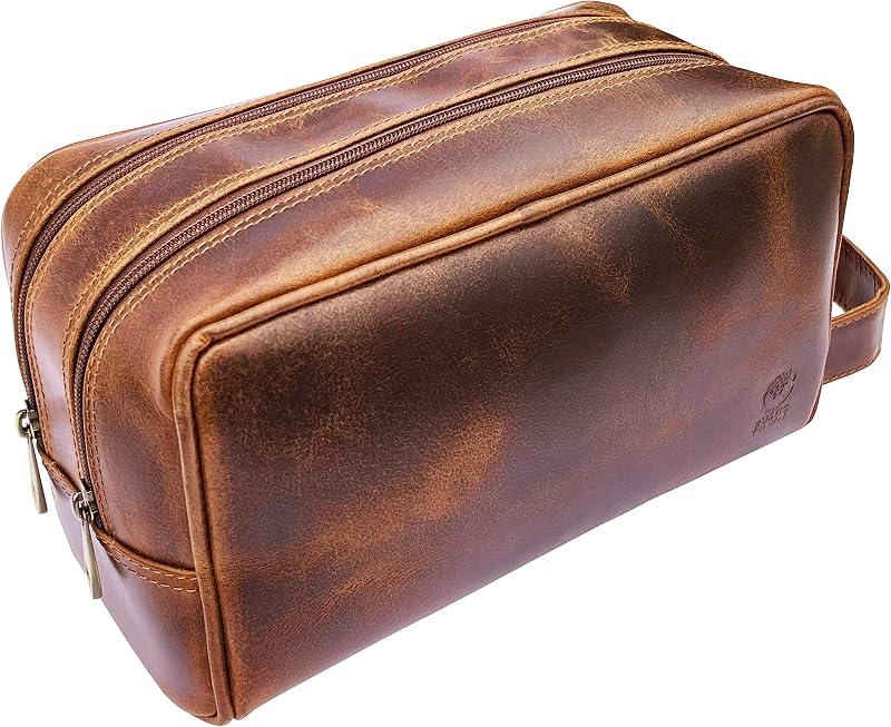 Necessaire de viagem RUSTIC TOWN em couro full grain com dois compartimentos e zíper
