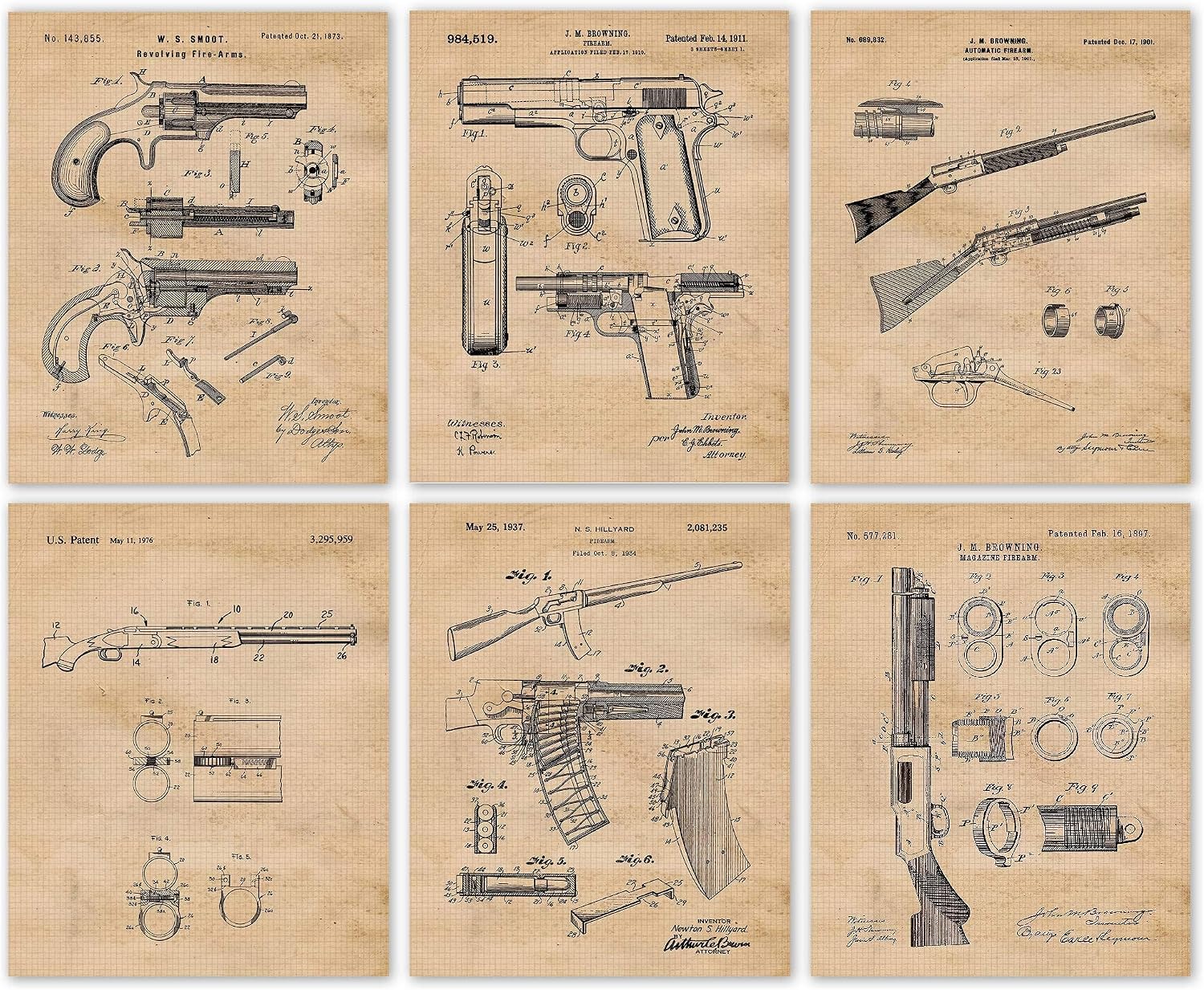 Classic Remington Pistol Rifle Patent Prints, 6 (8x10) Unframed Photos, Wall Art Decor for Home Work Office Guns Ammo Tools Workshop Firearms Target Range Safety Student Teacher Instructor