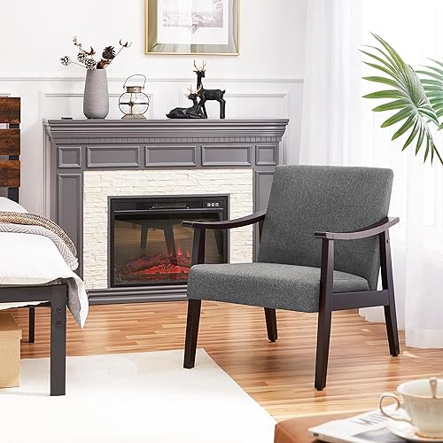 Miniatura 2 de Yaheetech Silla de ocio con reposabrazos y pies sólidos, silla moderna de mediados de siglo, sofá lateral de tela de lino para sala de estar y