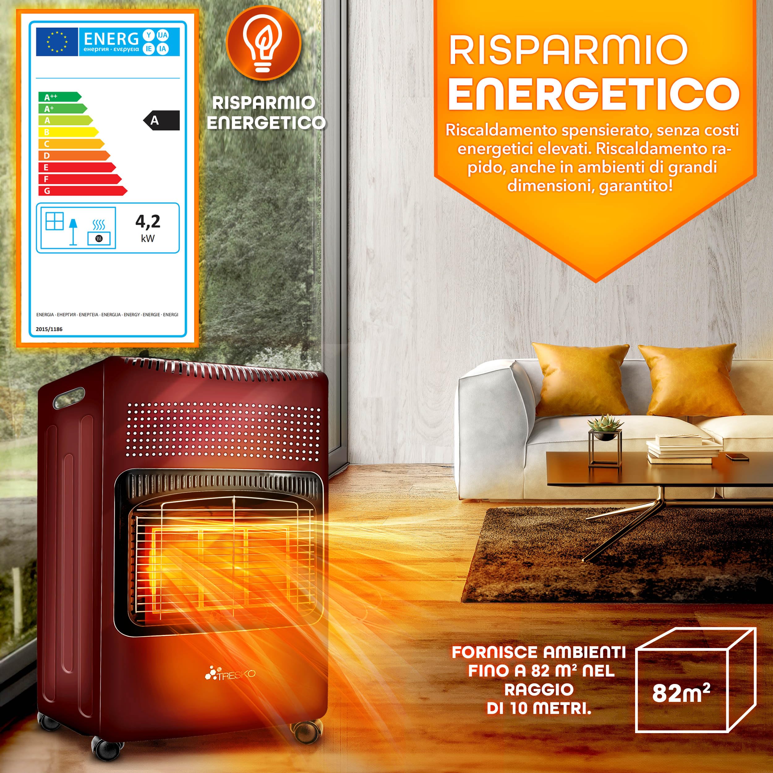TRESKO Stufa a Gas 4200 Watt, Riscaldatore con Regolatore di Pressione, 3 Livelli, Rosso
