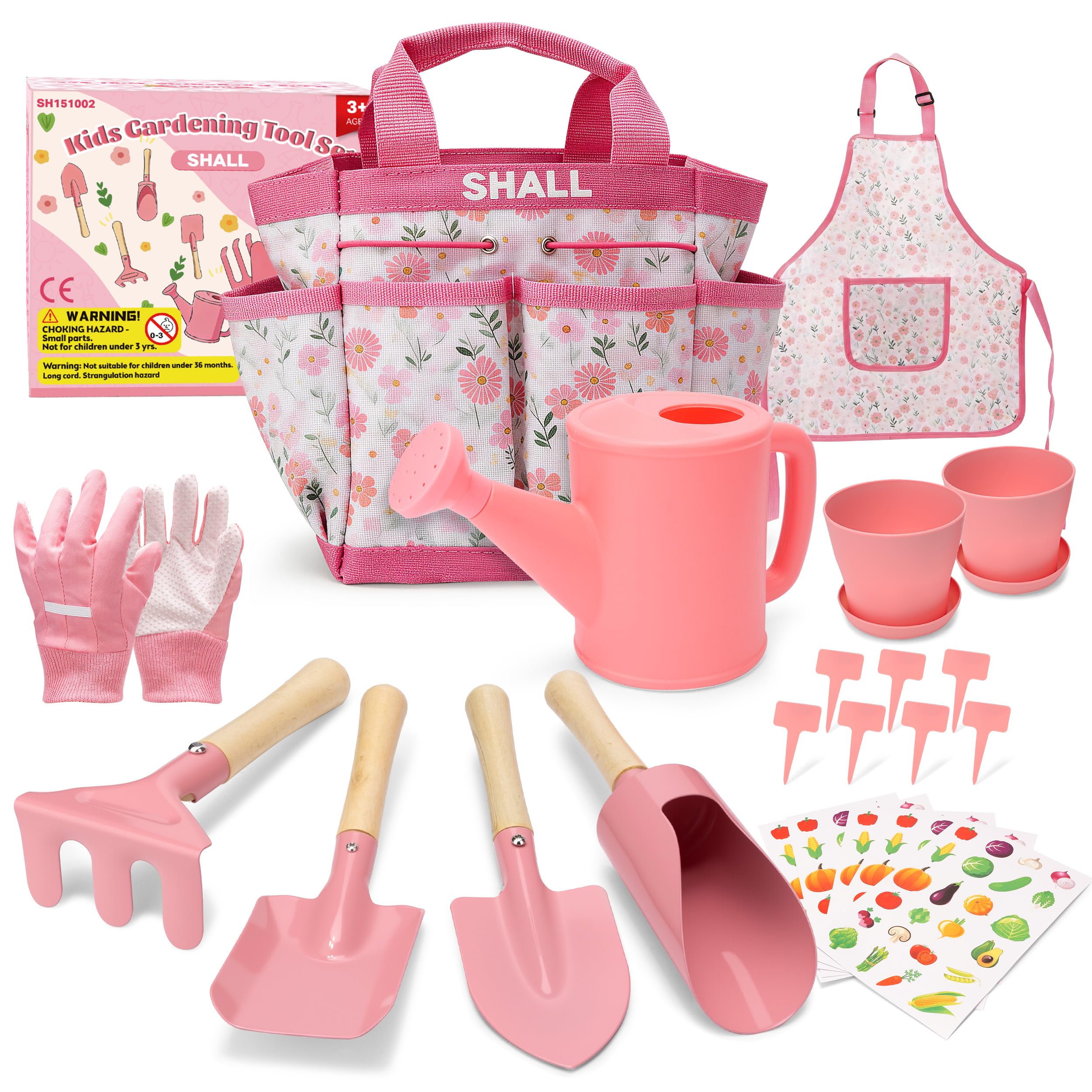 Shall Set da Giardinaggio per Bambini, 22 Pezzi, con Borsa per Il Trasporto e Vari Attrezzi da Giardinaggio. Ideale per Bambine Come Gioco all'aperto e Regalo Perfetto.