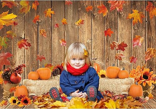 Miniatura 6 de Fondo de fotos de otoño de 7 x 5 pies, patrón de madera de hojas de arce, fondo de calabaza para fotografía de amigos, decoración de fiesta,