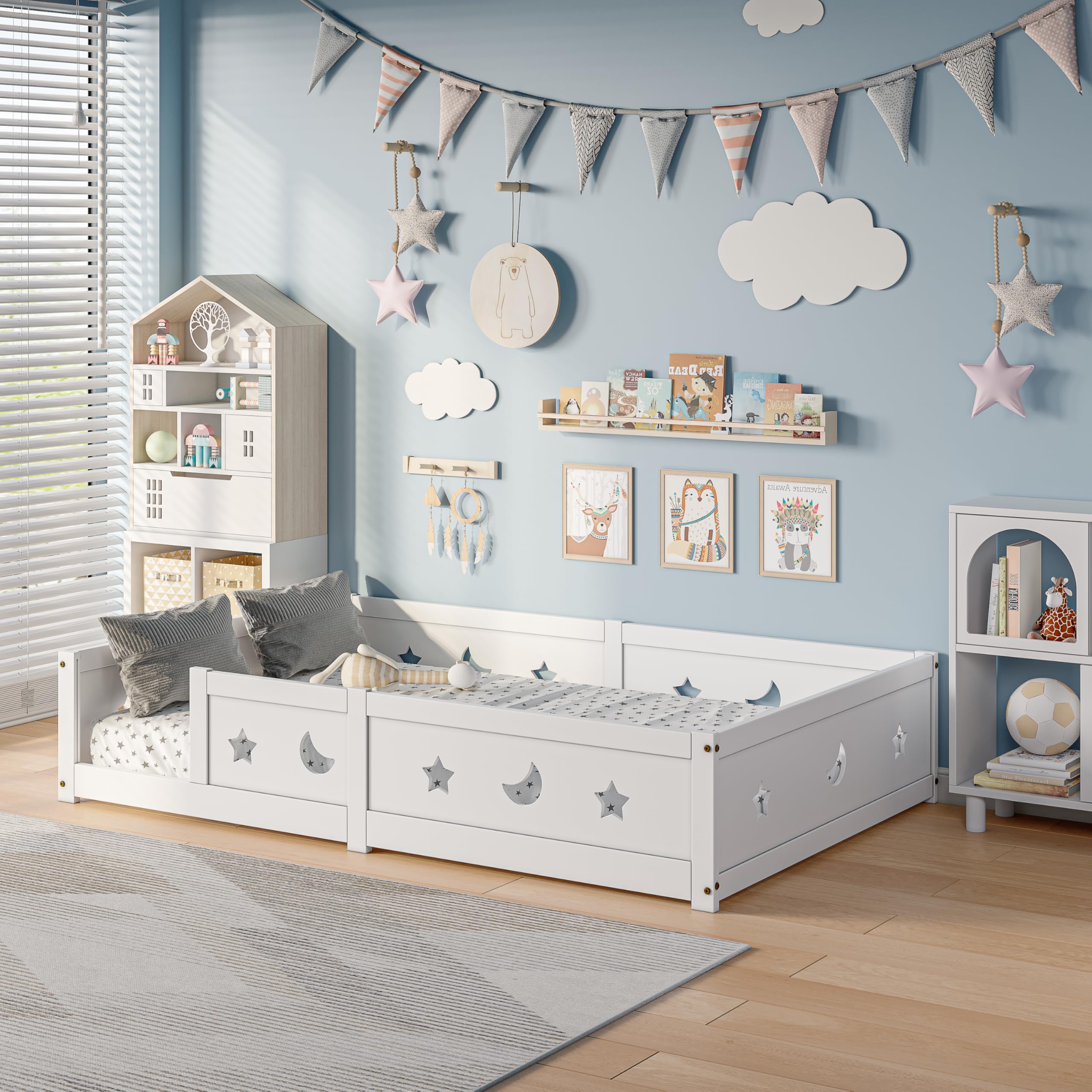 Bodenbett 90x200 cm, bis 300 kg belastbar,Montessori Kinderbett aus Kiefer Massivholz mit Rausfallschutz,Kids Bed 90x200 mit Sternen und Mond,Weiß