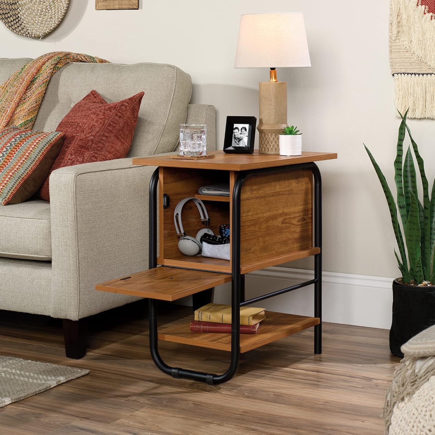 Sauder Union Plain Side Table with Flip Down Door, Prairie Cherry Finish