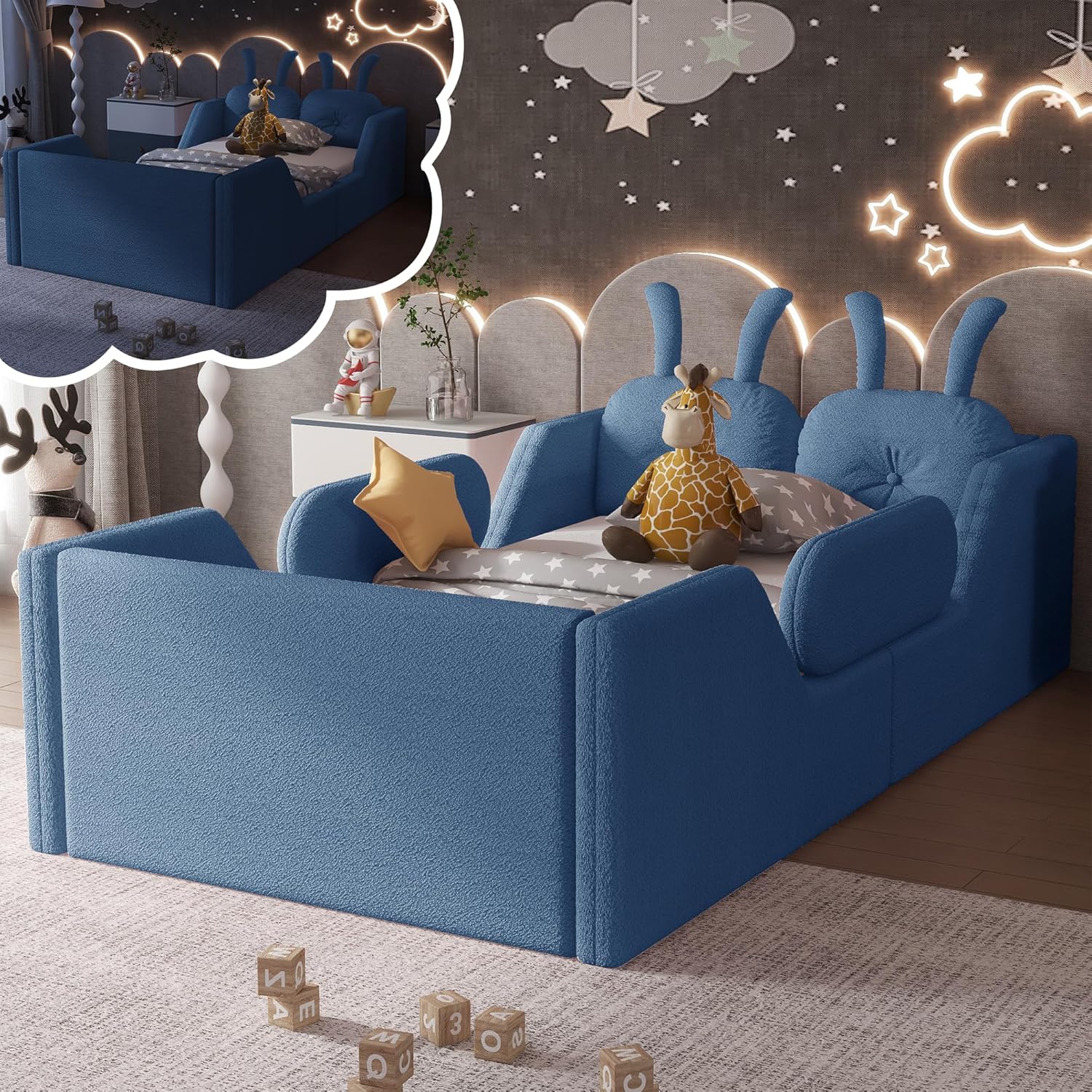 Mirightone Twin Size Upholstered Floor Bed for Kids, Teddy Fabric Montessori Beds with Rabbit Cushion & Removable Side Rails, Soft Bed Frame Twin, Low Profile Platform Bed for Girls and Boys (Blue)