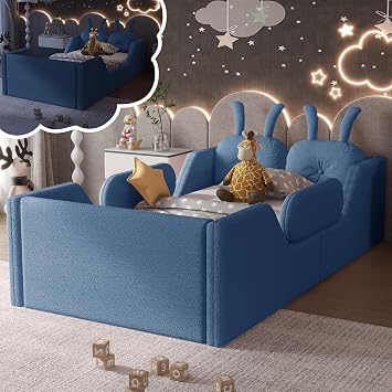 Mirightone Twin Upholstered Bed Frame for Kids Blue