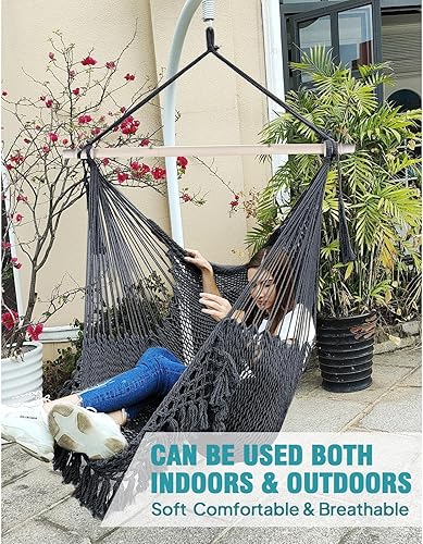 Miniatura 6 de Chihee Silla de hamaca súper grande, silla colgante de cuerda de algodón hilado suave, plegable y resistente, barra esparcidora de metal resistente,