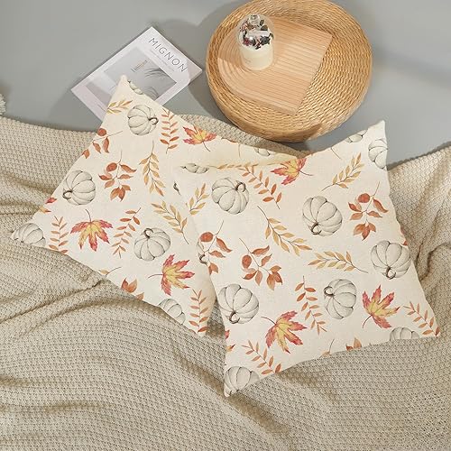 Miniatura 6 de Juego de 2 fundas de almohada de otoño de 22 x 22 pulgadas, diseño de calabaza y hoja de arce, fundas de almohada decorativas de lino para otoño,