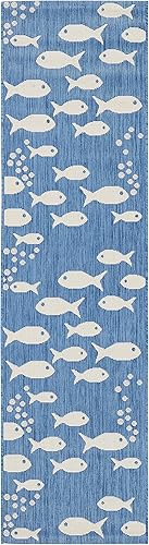 Miniatura 3 de SAFAVIEH Courtyard Collection - Alfombra de pasillo, 2 pies 3 pulgadas x 12 pies, azul y beige, no desprende pelusa y de fácil cuidado, para