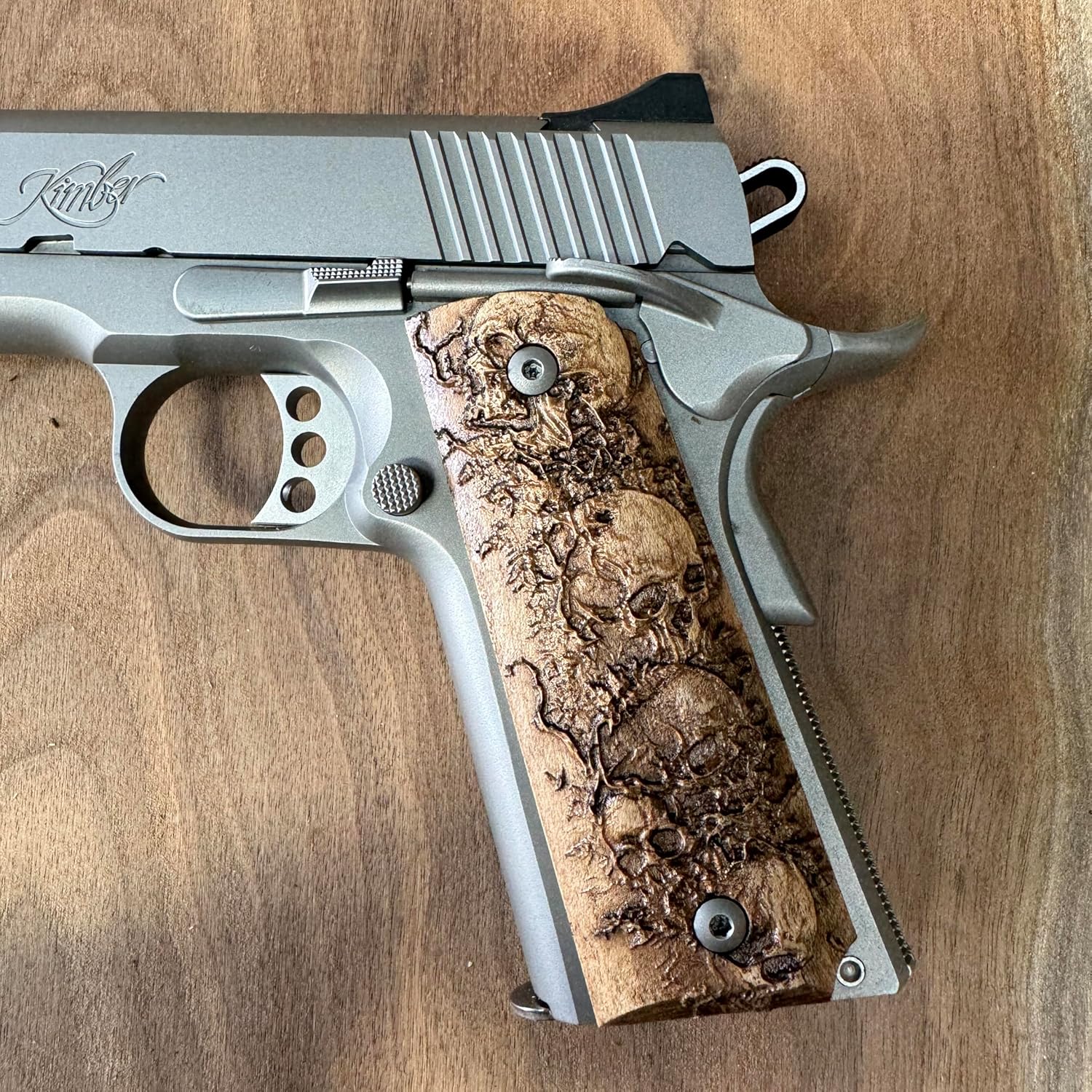 Graveguard Handmade Hardwood Grips for 1911 Full Size Pistols — Gothic Skull Relief Grip Panels Compatible with Colt, Kimber, Springfield, Ruger SR1911, Taurus, Rock Island — Aftermarket Replacement