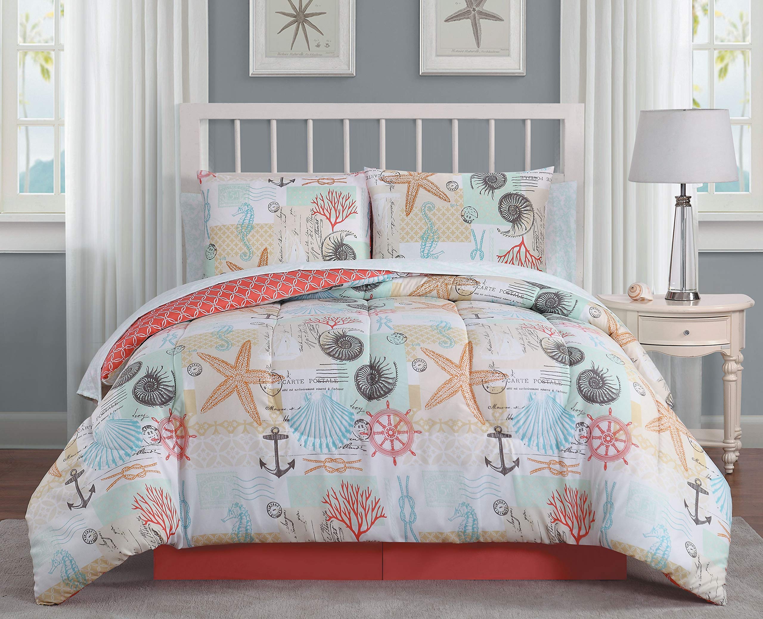 Avondale Manor Belize 6-Piece Coastal Twin Comforter Sheet Ultra-Soft Microfiber, Reversible Comfortable Beach Bedding Set, Hypoallergenic Bedspread, Coral