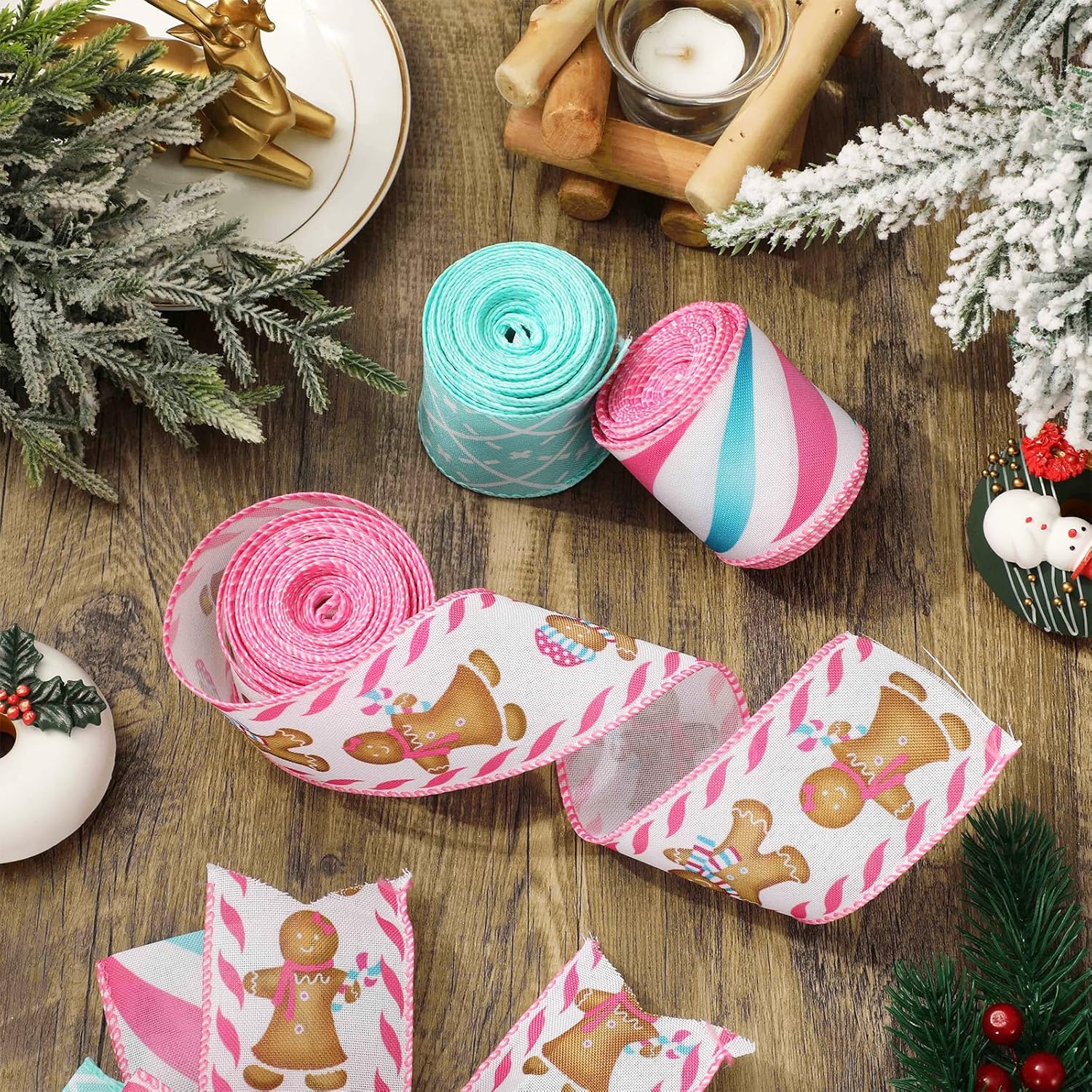 JarThenaAMCS 3 Rolls Christmas Wired Edge Pink Blue Plaid Stripe Gingerbread Fabric Craft Ribbon for Wreath Bow Making DIY Wrapping Supplies, 18 Yards (Pack of 2)