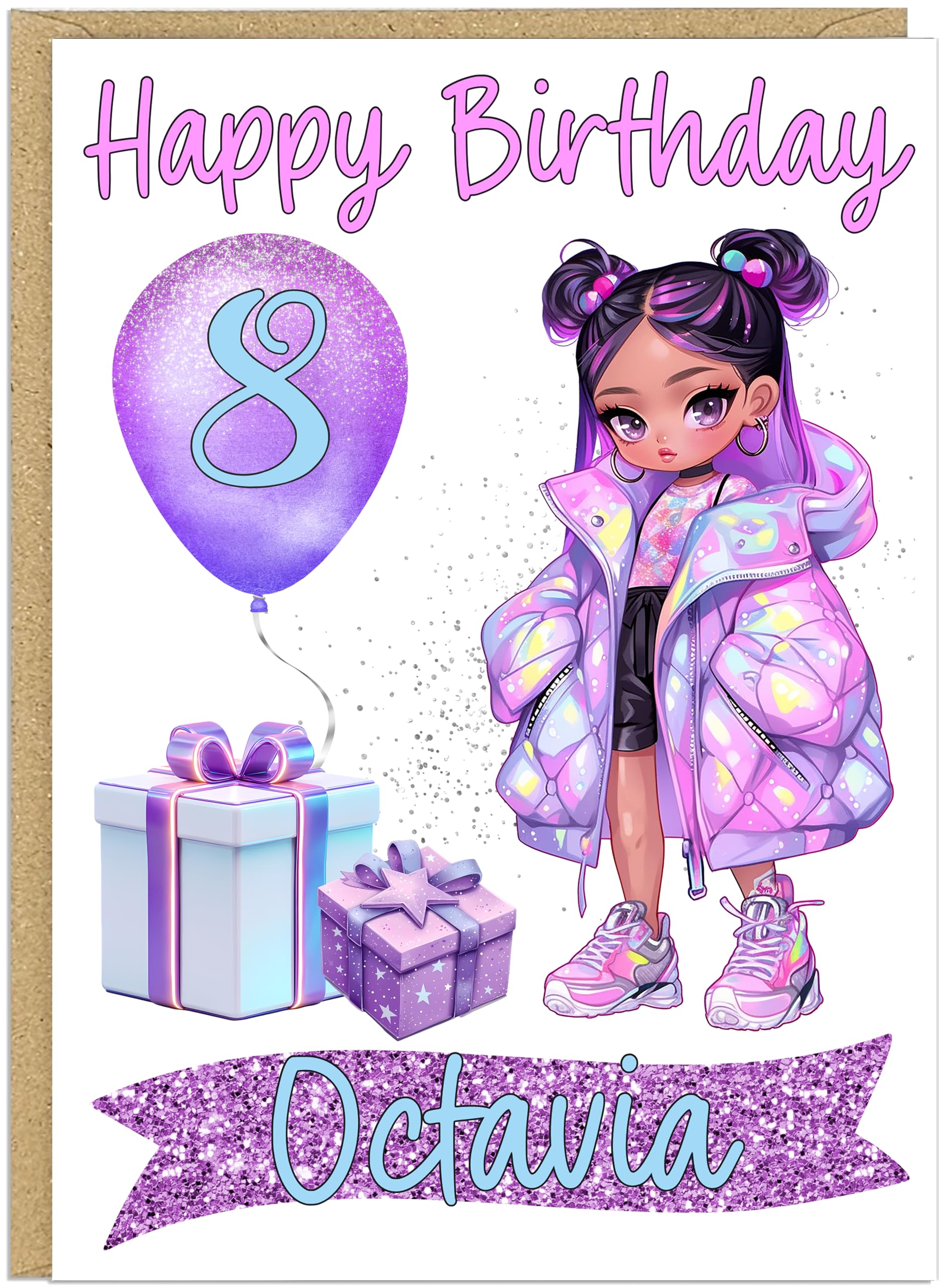 Personalised Rainbow Fashion Doll Birthday Cards - Custom Name & Age Balloon - 7 Doll Colour Themes For Girls With Happy Birthday A5 (Purple & Blue)
