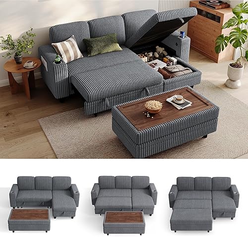 Miniatura 40 de LINSY HOME - Sofá cama extraíble modular con sección para dormir, con almacenamiento, sofá seccional de pana mullida para sala de estar, sofá cama