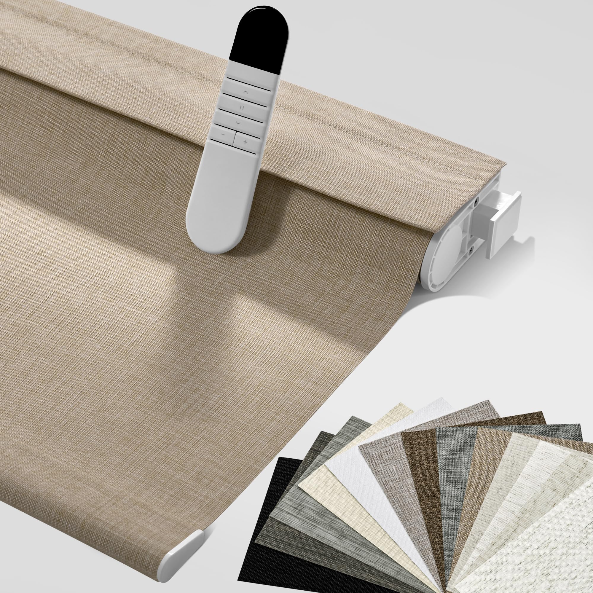 Boolegon Motorized Roller Blinds with Remote, No Drill Smart Roller Shades for Indoor Windows, Blackout Linen Fabric Rechargeable Electric Blinds for Home, Office, Weave Beige, Custom Size