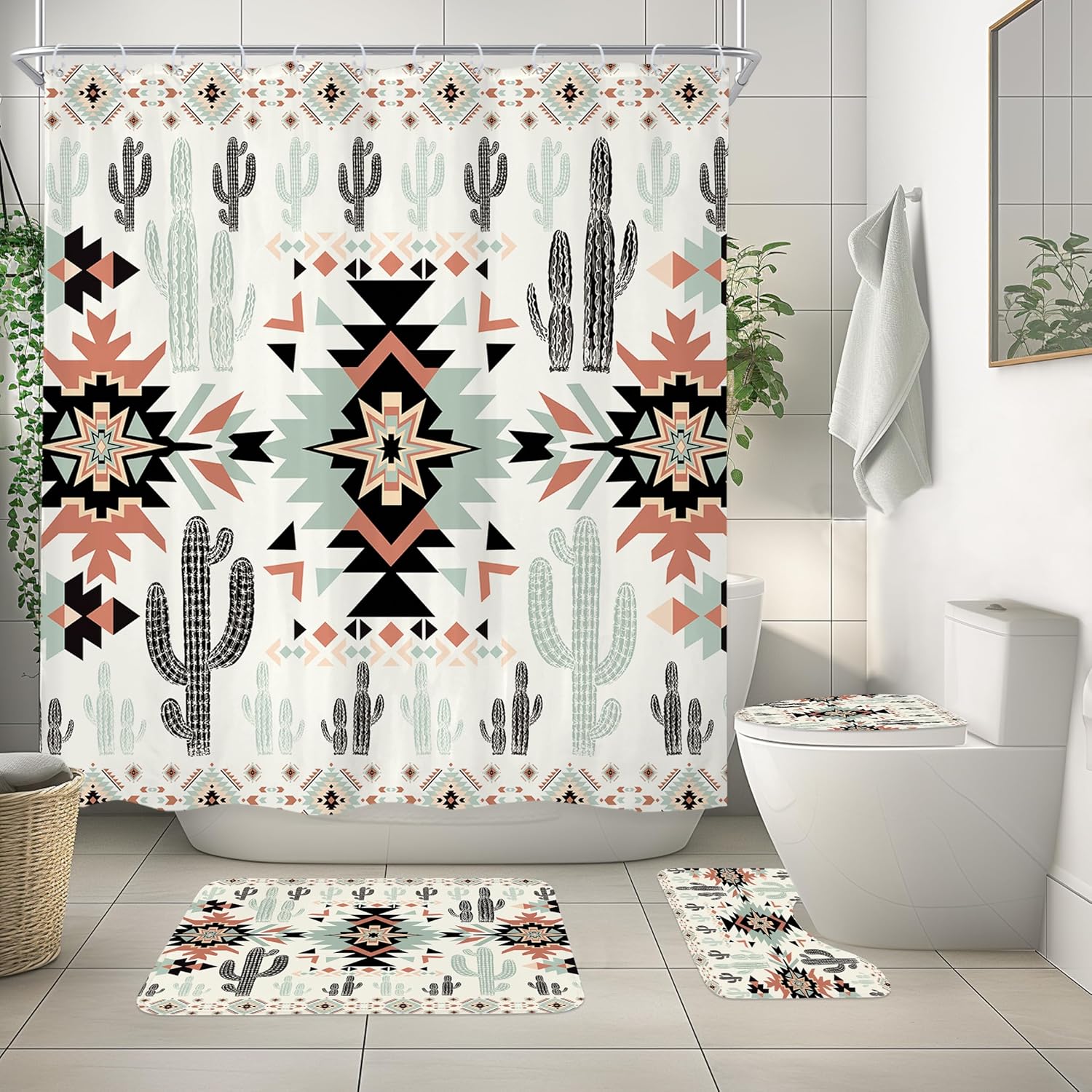 Newsely Western Aztec Cactus Shower Curtain Set with Non-Slip Rugs, Toilet Lid Cover and Bath Mat, Southwestern Tribal Geometric Ethnic Shower Curtain with 12 Hooks, Boho Curtain for Bathroom Decor