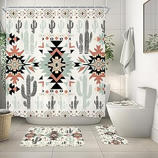 Western Aztec Cactus Shower Curtain Set with Non-Slip Rugs, Toilet Lid C...